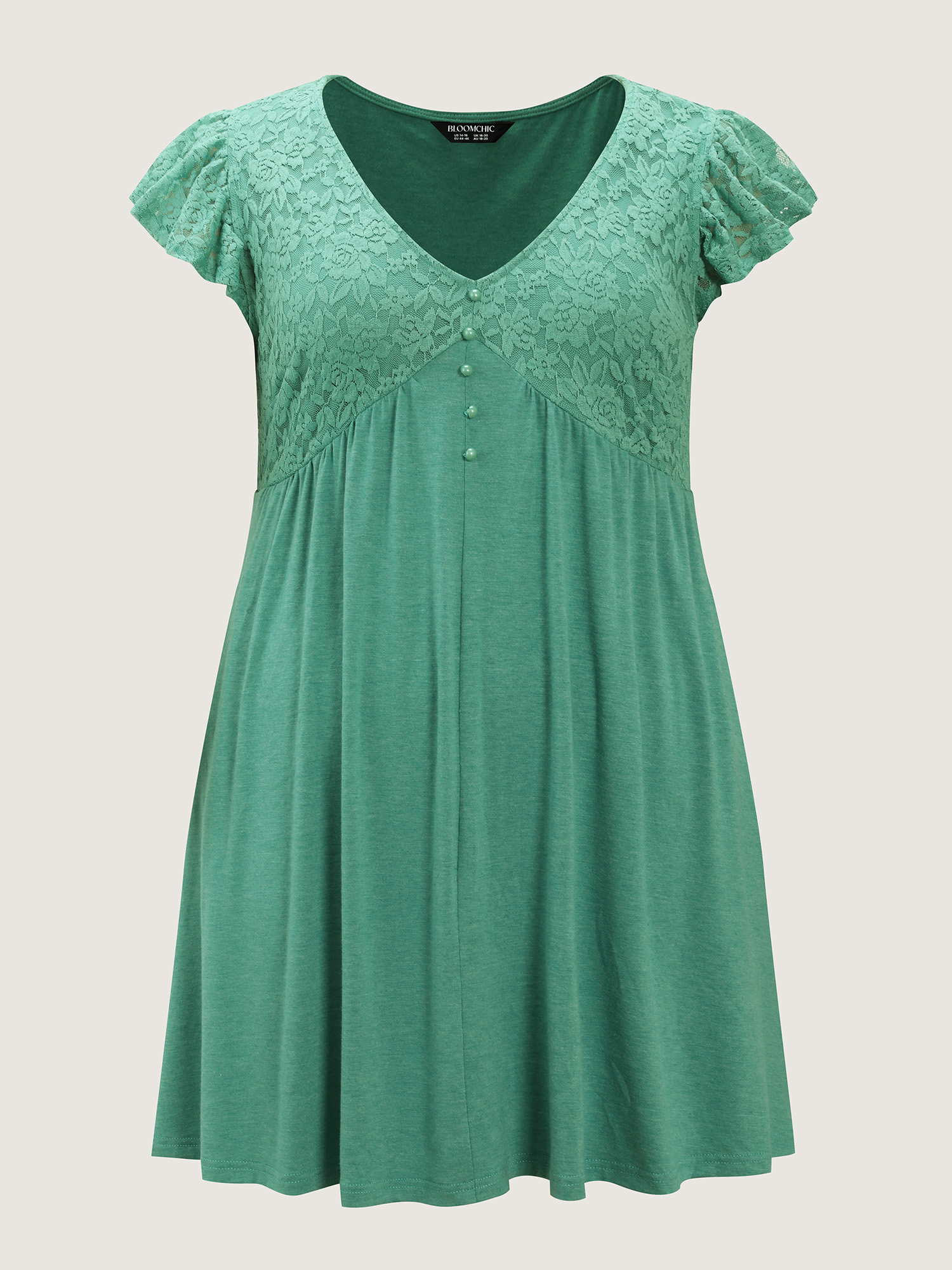 Side view of BloomChic Women's Plus Size Textured Lace Ruffled Sleeve Nightgown Emerald Short sleeve 10/M