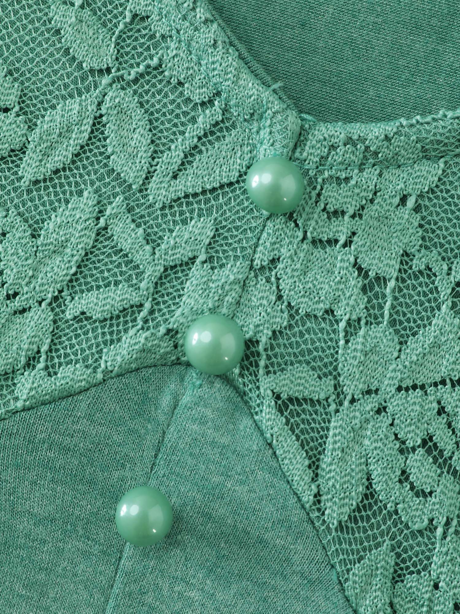 Side view of BloomChic Women's Plus Size Textured Lace Ruffled Sleeve Nightgown Emerald Short sleeve 10/M