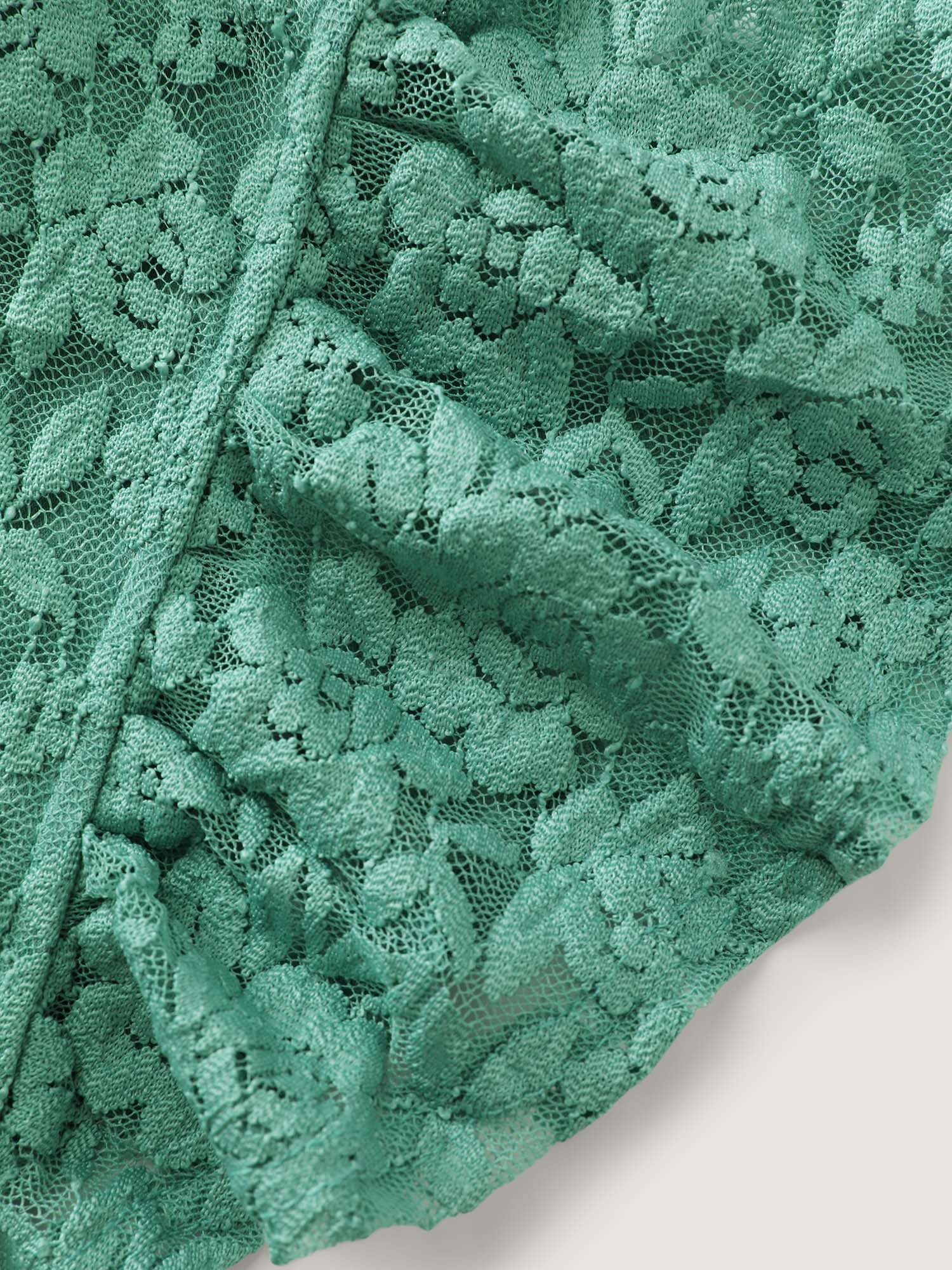Side view of BloomChic Women's Plus Size Textured Lace Ruffled Sleeve Nightgown Emerald Short sleeve 10/M