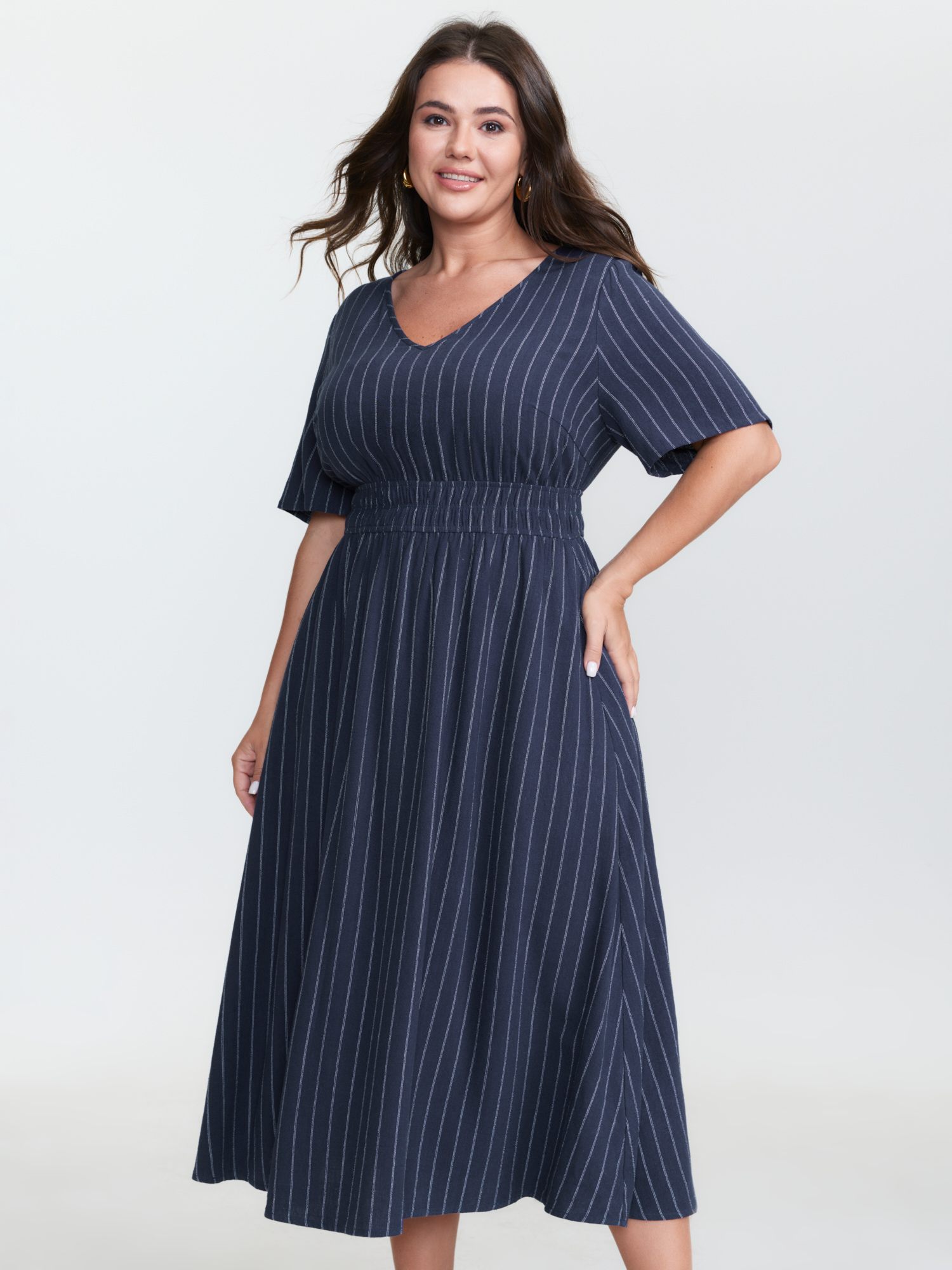 BloomChic Women's Plus Size Striped V-Neck Shirred Waist Midi Dress Indigo Stripes Midi Everyday-Casual 12/L