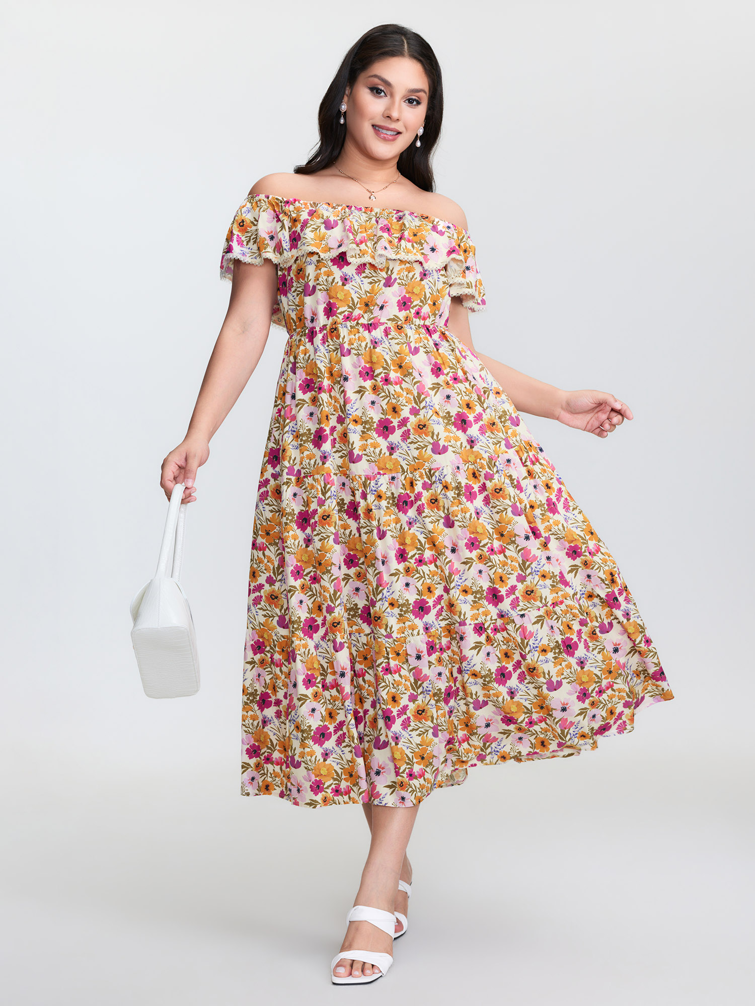 BloomChic Plus Size Floral Print Off-Shoulder Stretchy Waist Maxi Dress - Curve Ladies Multicolor Elegant Cap Sleeve Ditsy Floral Side seam pocket Daily Dresses 18-20/1X