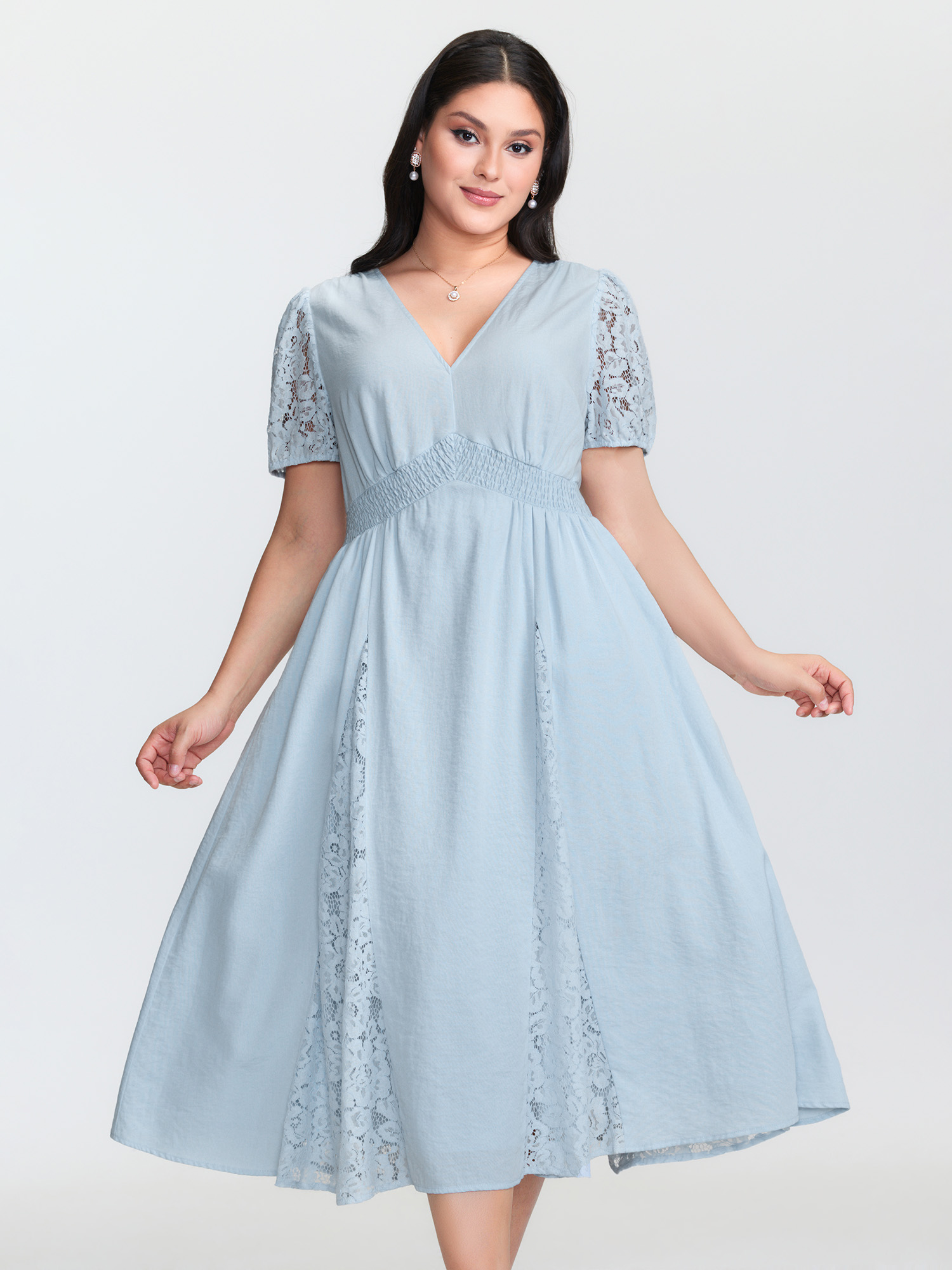BloomChic Plus Size Lace Panels Shirred Waist Midi Dress - Curve Ladies LightBlue Elegant Short sleeve Synthetic texture Side seam pocket Daily Dresses 16/L