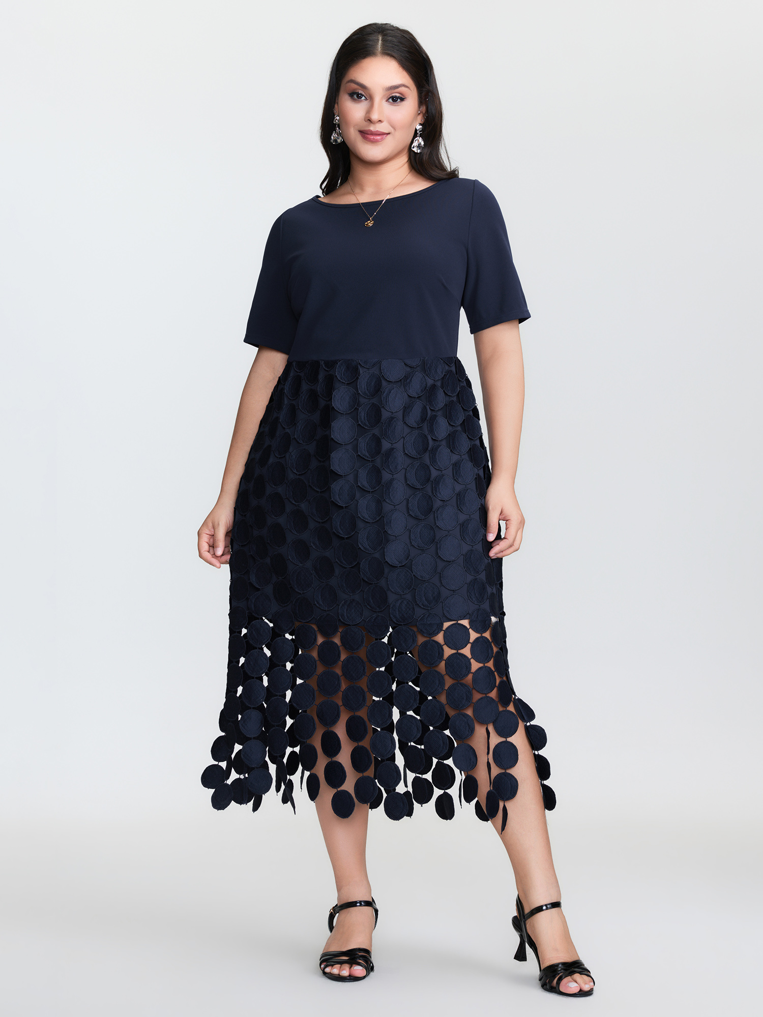 BloomChic Women's Plus Size Lace Trim Tassels Stretchy Waist Midi Dress DarkBlue Synthetic texture Midi Everyday-Elegant Texture 10/M