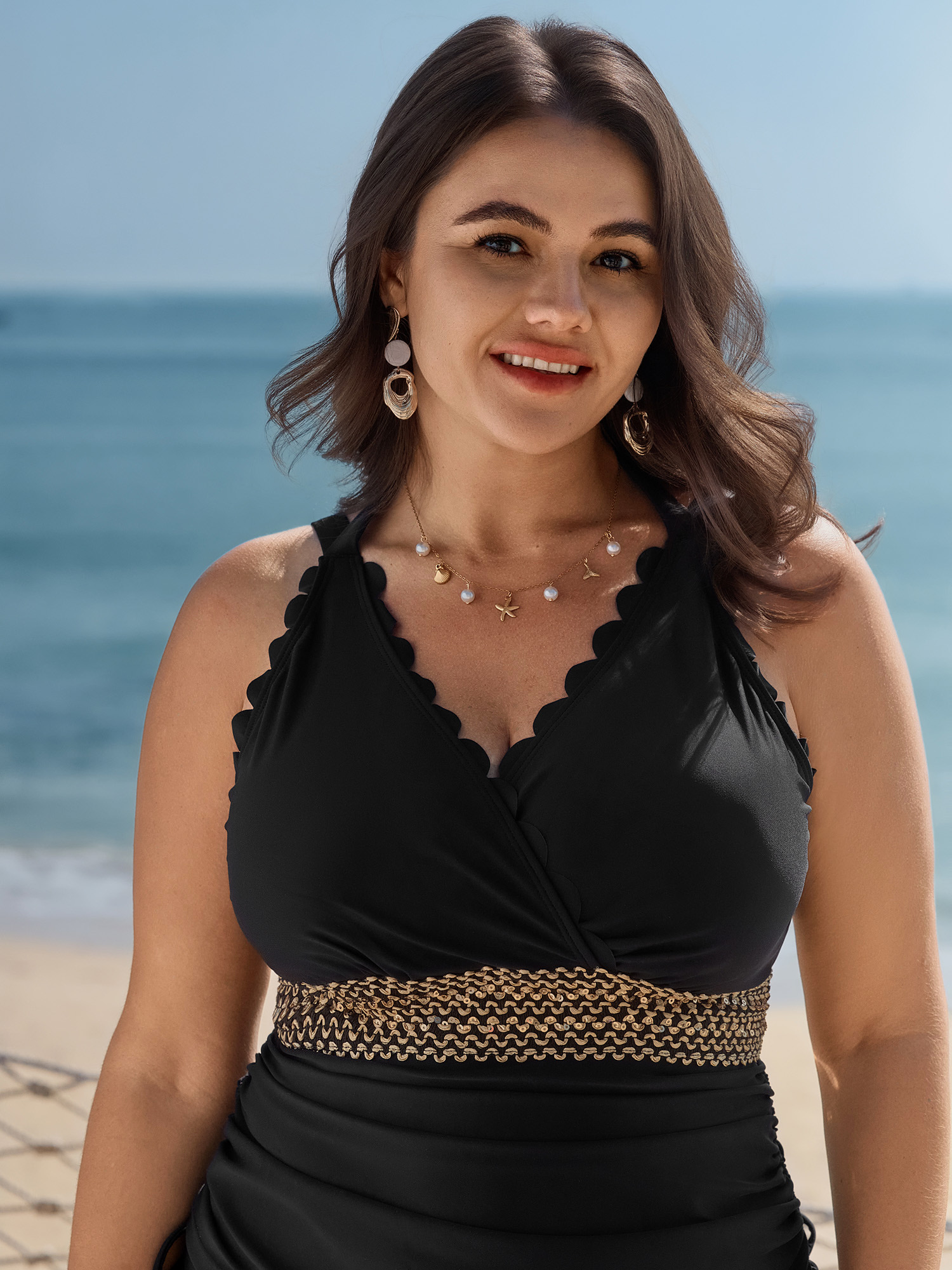 BloomChic Women's Plus Size Shell Edge Drawstring Sides Swim Top Black Solid Sleeveless Non 10/M