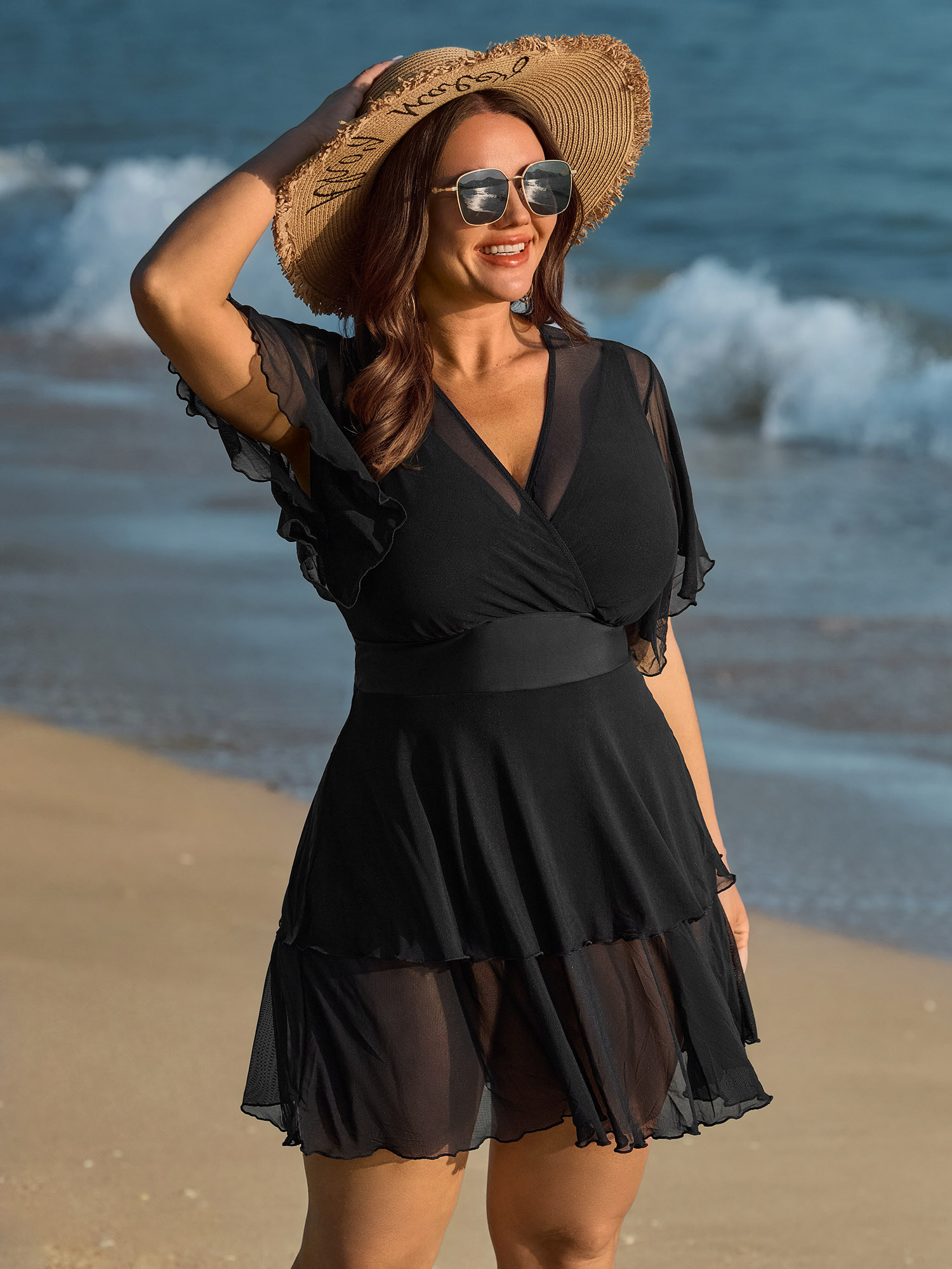 BloomChic Plus Size Sheer Ruffled Sleeve Layered Swim Dress - Curve Women's Swimwear- Black V-Neck Adjustable Straps Removable Padding Elastic Waist Swim Dresses 14/M
