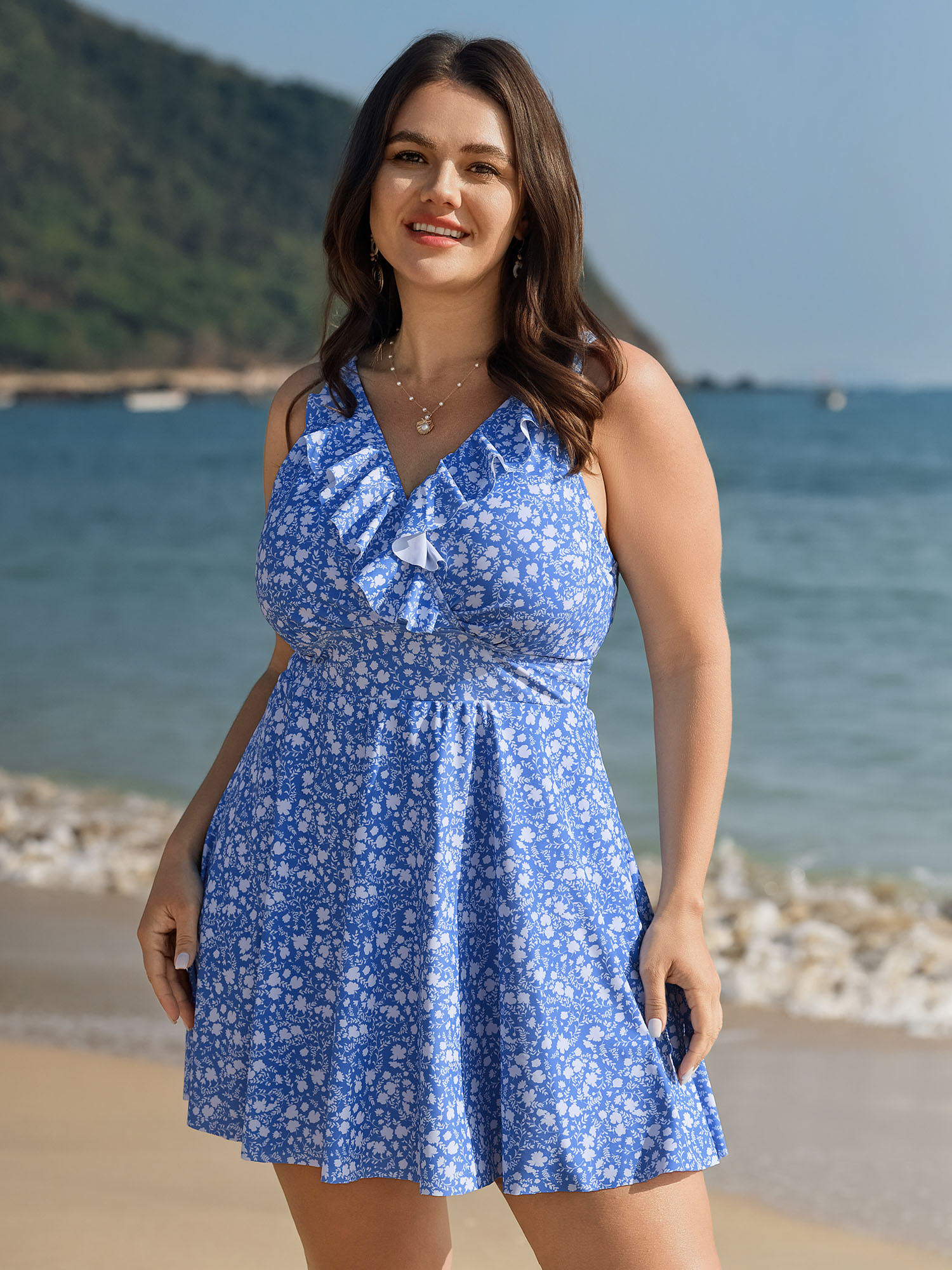 BloomChic Women's Plus Size Ruffled Colorblock Floral Swim Dress Skyblue Ditsy Floral Adaptive-Fit 10/M