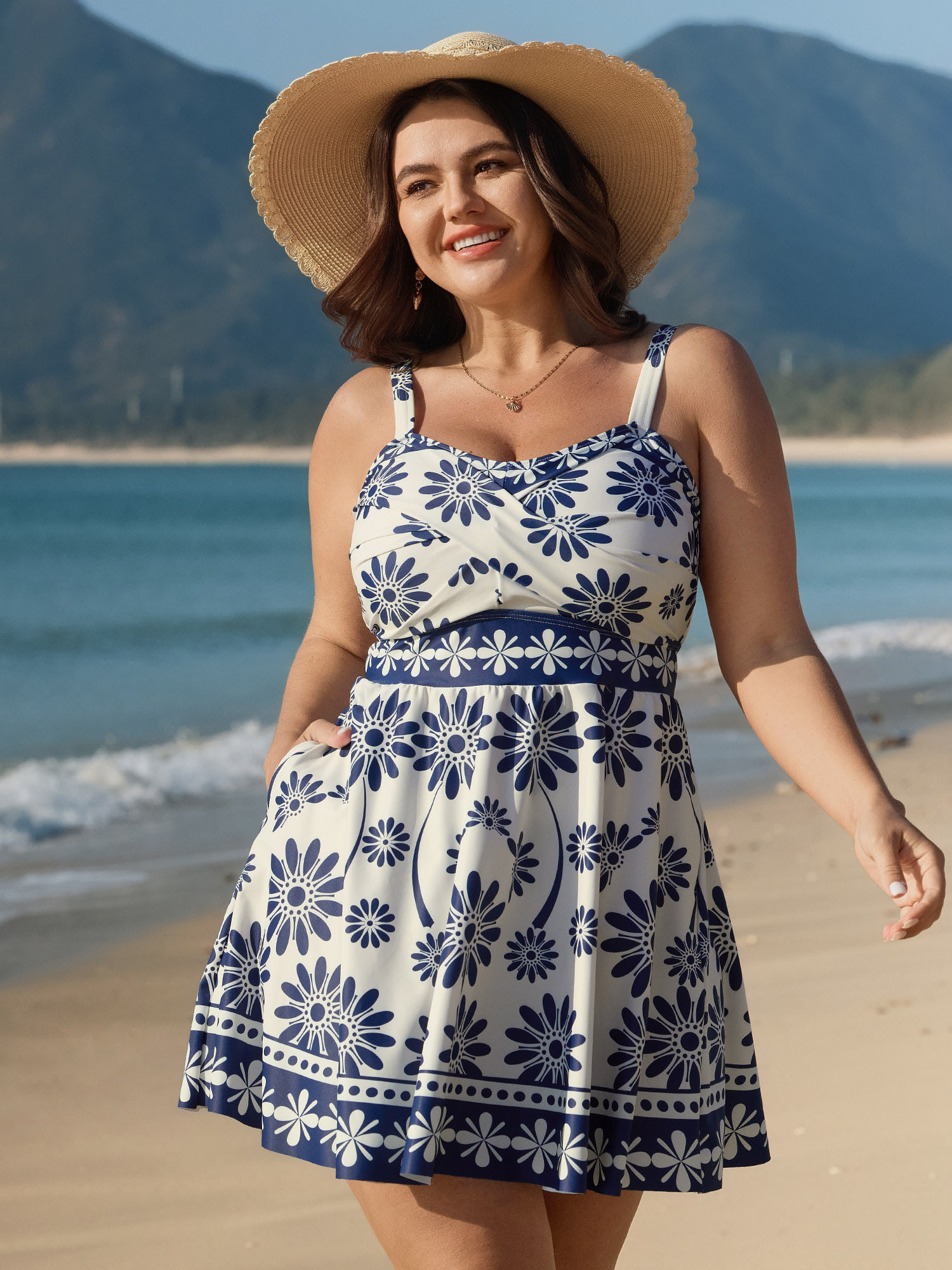 BloomChic Women's Plus Size Floral Print Pockets Twist Swim Dress Mediumblue Floral Twist Adaptive-Fit 12/L