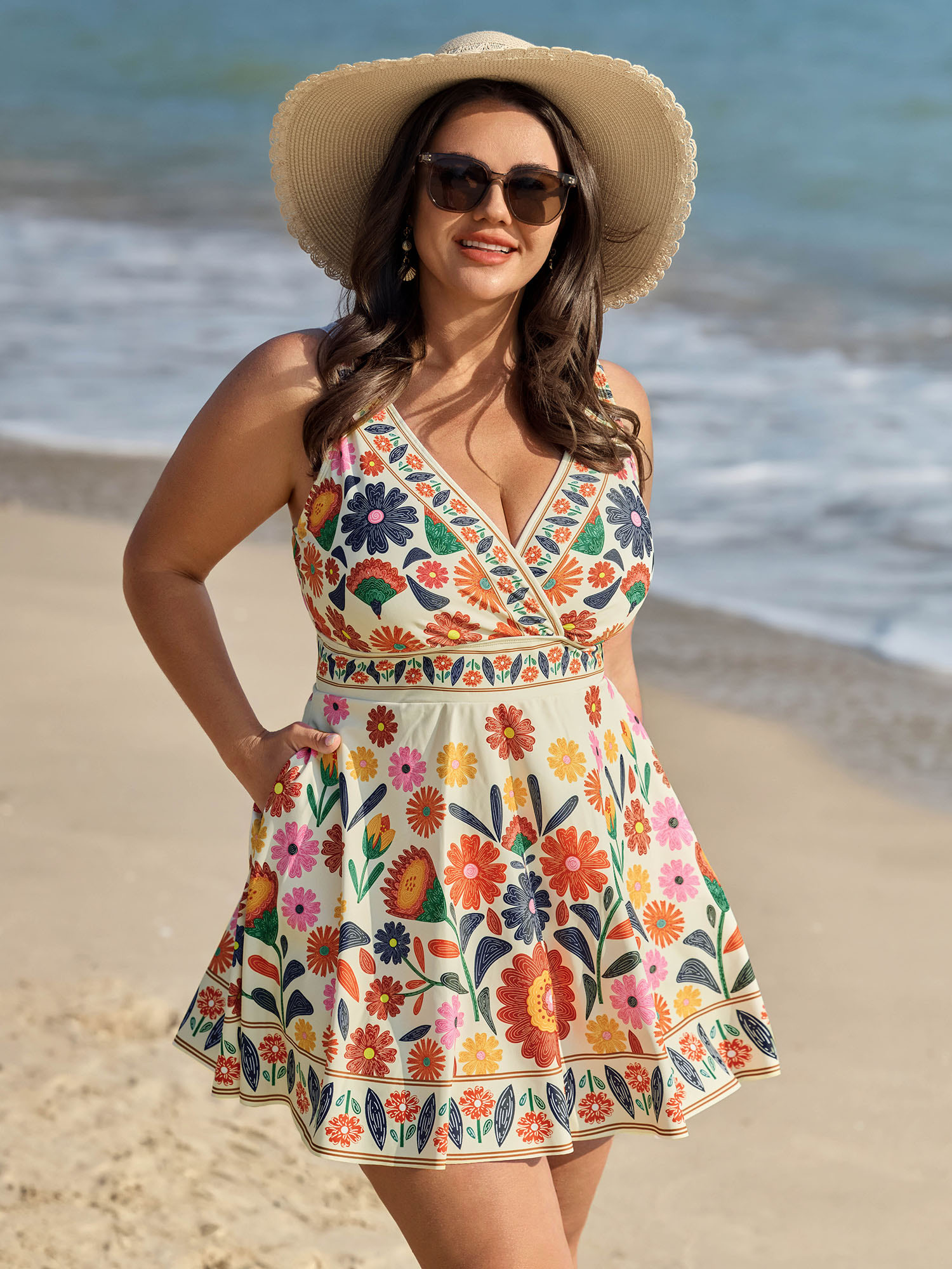 BloomChic Women's Plus Size Floral Surplice Neckline Pockets Swim Dress Multicolor Floral Adaptive-Fit 10/M
