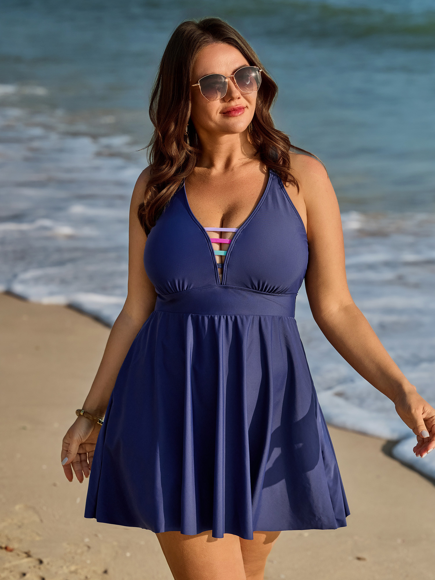 BloomChic Women's Plus Size Striped Neckline Pockets Flowy Swim Dress Beacon_Blue Colorblock Contoured Hip Fit 10/M