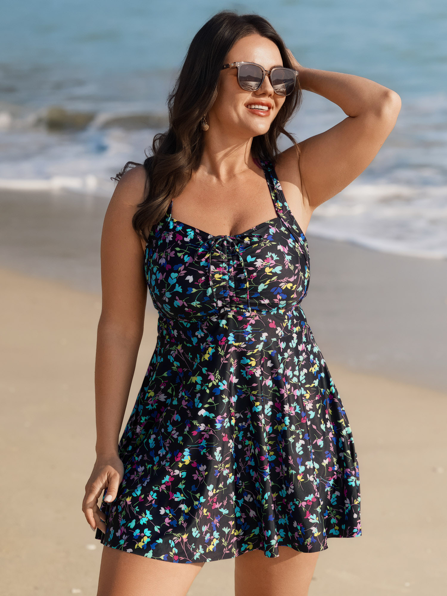 BloomChic Women's Plus Size Colorful Floral Print Drawstring Swim Dress Black Ditsy Floral Drawstring Adaptive-Fit 22-24/3X