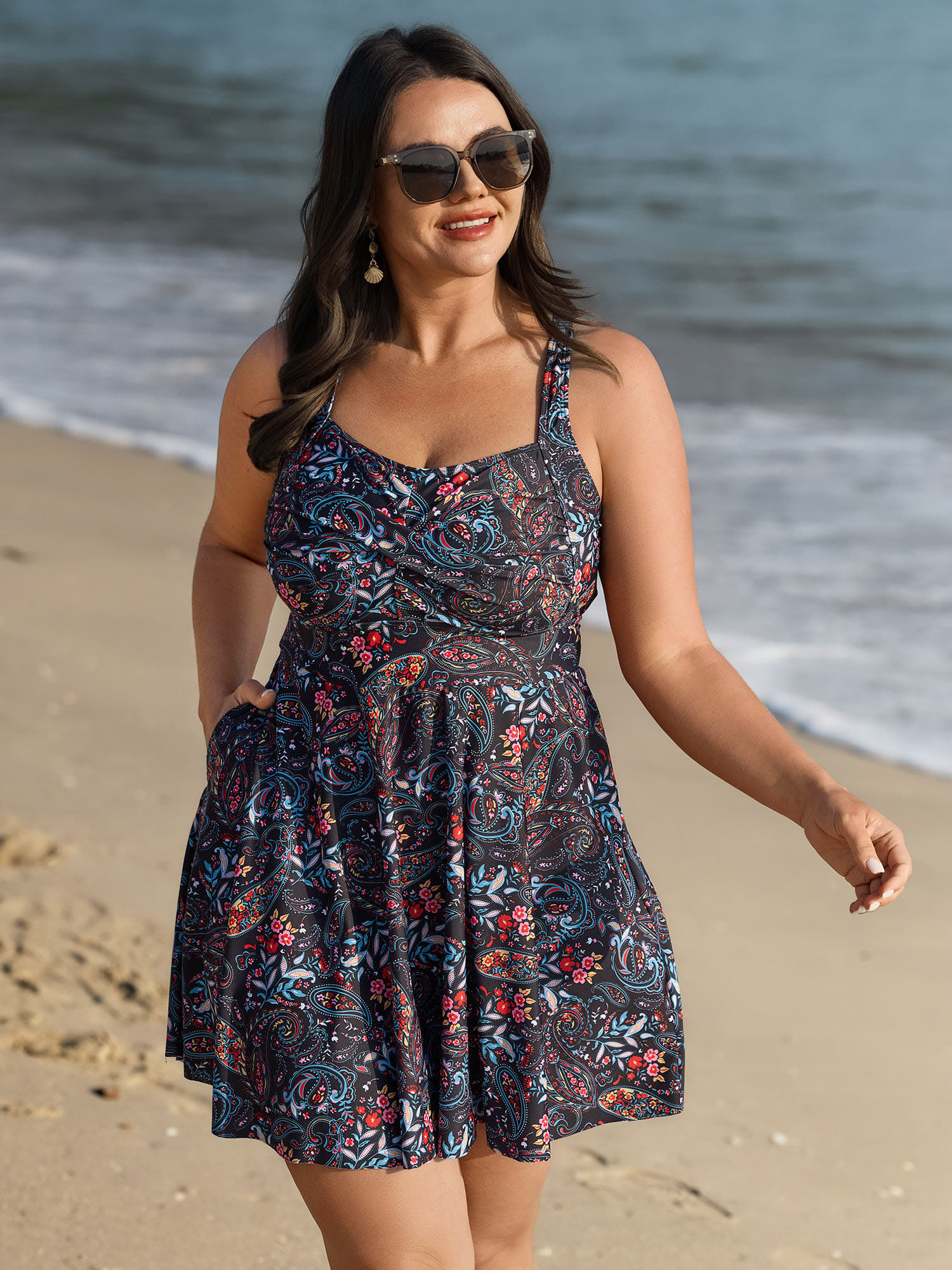 BloomChic Women's Plus Size Paisley Print Crossstraps Pockets Swim Dress Multicolor Paisley Adaptive-Fit 10/M