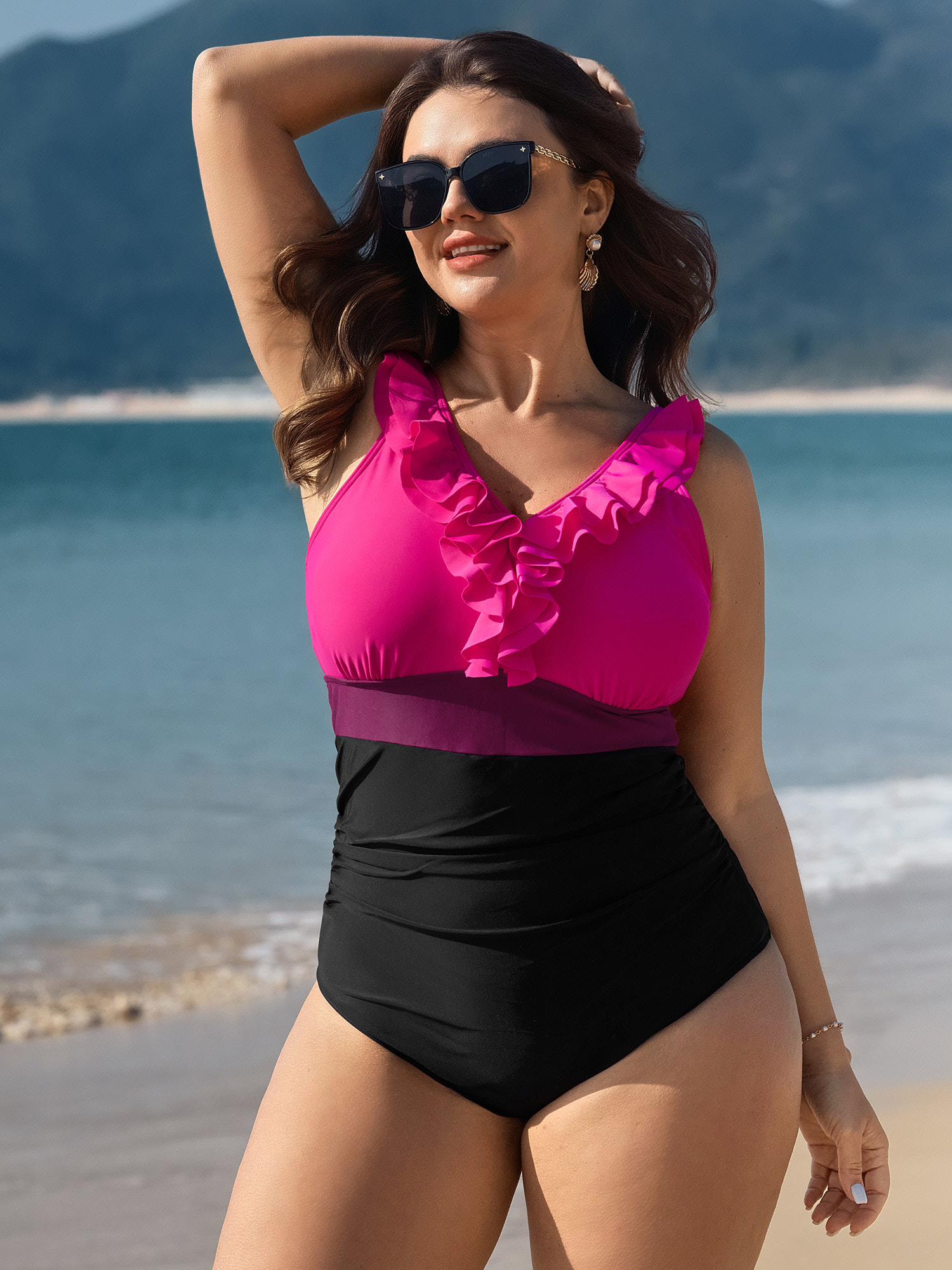 BloomChic Women's Plus Size Color Contrast Ruffled Trim One-Piece Swimsuit Rosered Geometric Colorblock Adaptive-Fit 22-24/3X