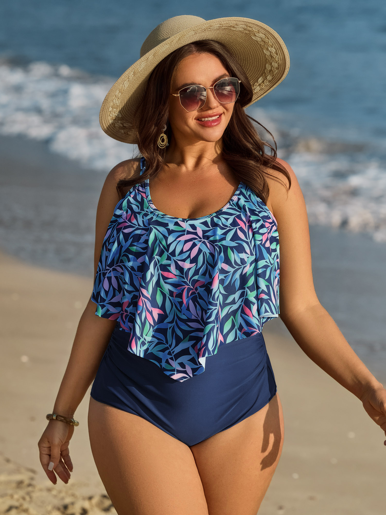 BloomChic Women's Plus Size Ruffled Tropical Print One Piece Swimsuit Indigo Tropical Gathered Adaptive-Fit 10/M
