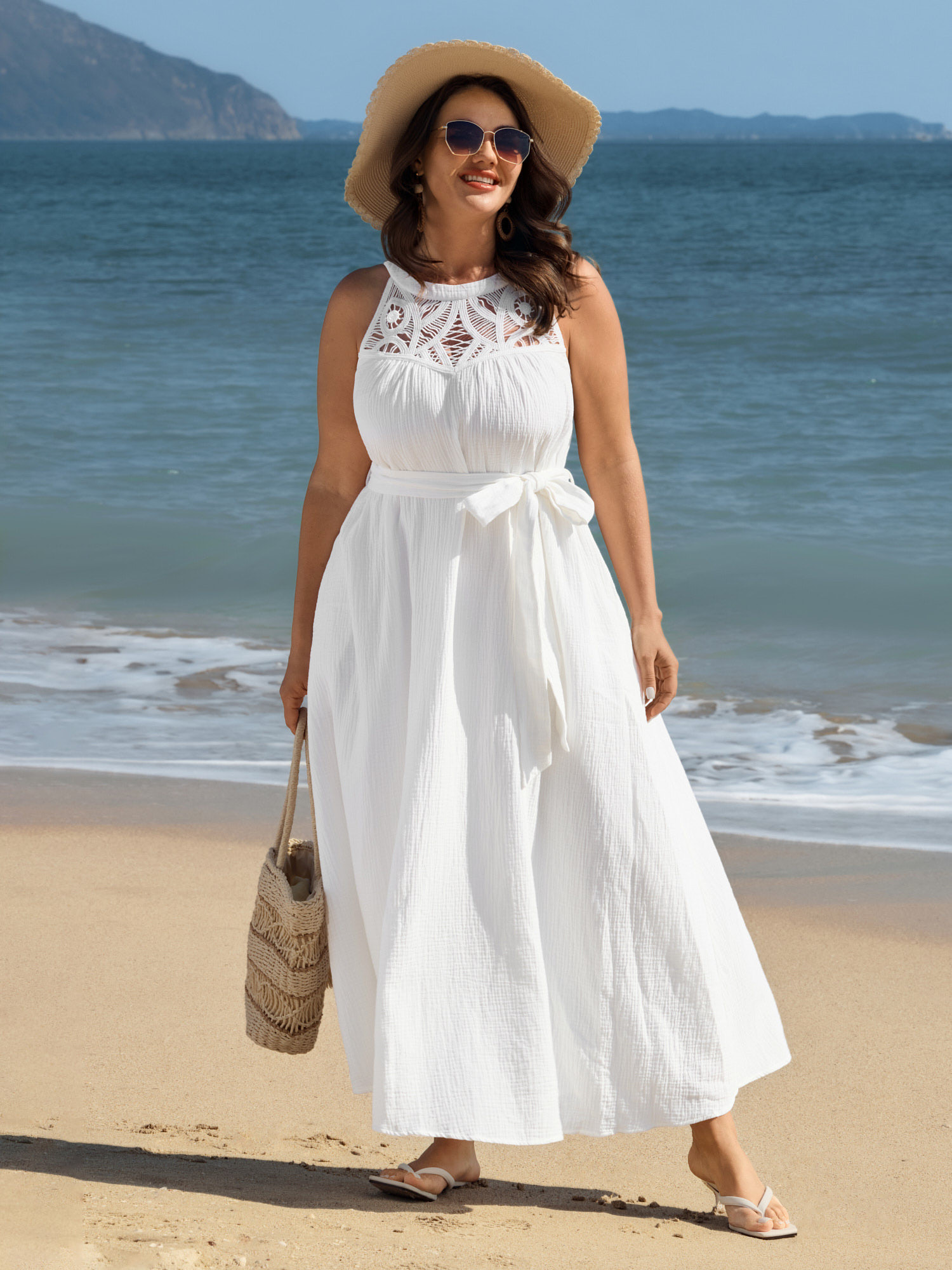 BloomChic Plus Size Cotton Sheer Lace Neckline Waist-Tie Maxi Dress - Curve Ladies Brilliant White Resort Sleeveless Side seam pocket Daily Dresses 14/M