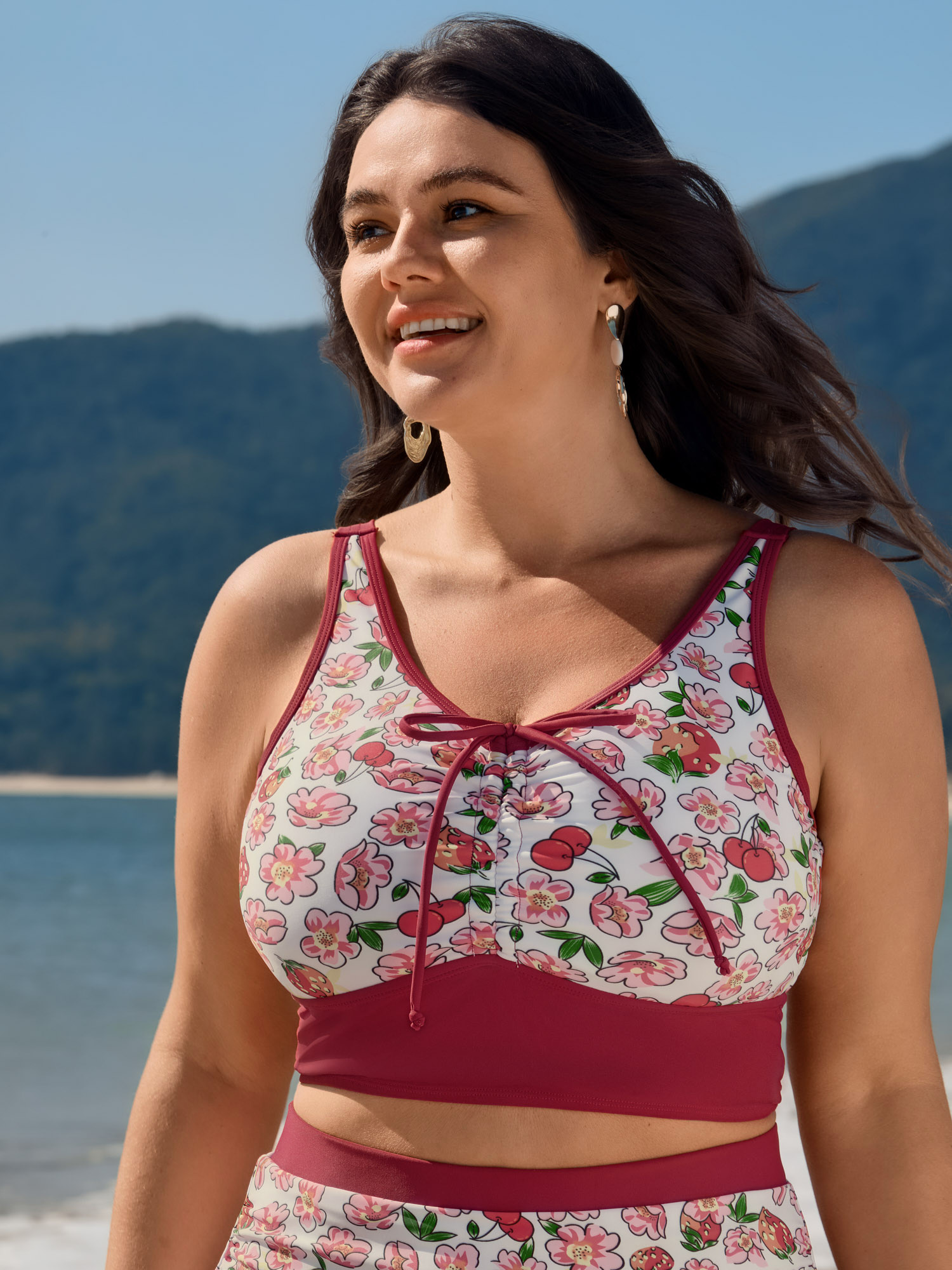 BloomChic Plus Size Floral Print Drawstring Front Bikini Top - Curve Women's Swimwear- Scarlet Deep V-Neck Adaptive-Fit Elastic Waist Swim Tops 34/6X