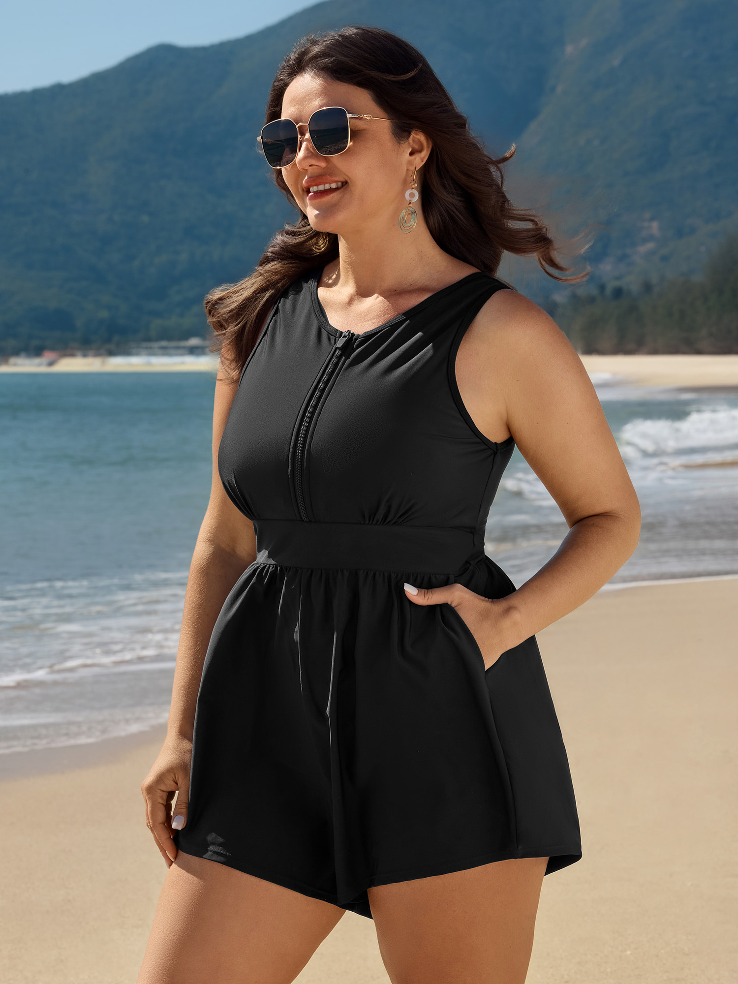 BloomChic Women's Plus Size Plain Zipper Pocket One Piece Swimsuit Black Solid Ruched Bust Support 14-16/1X