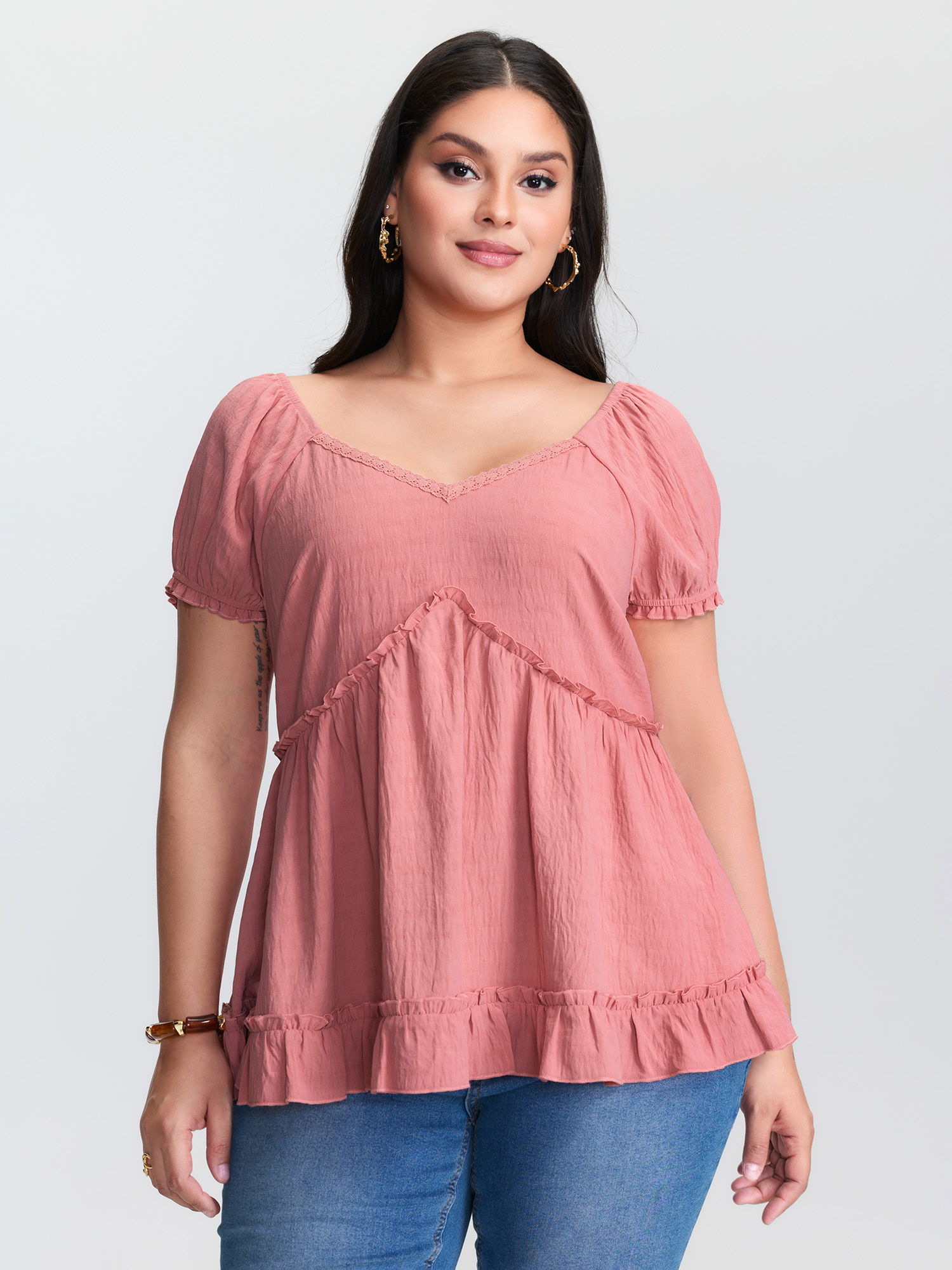 BloomChic Women's Plus Size Lace Trim Ruffled Hem Plain Blouse Crepe Synthetic texture Everyday-Elegant Cap Sleeve 10/M