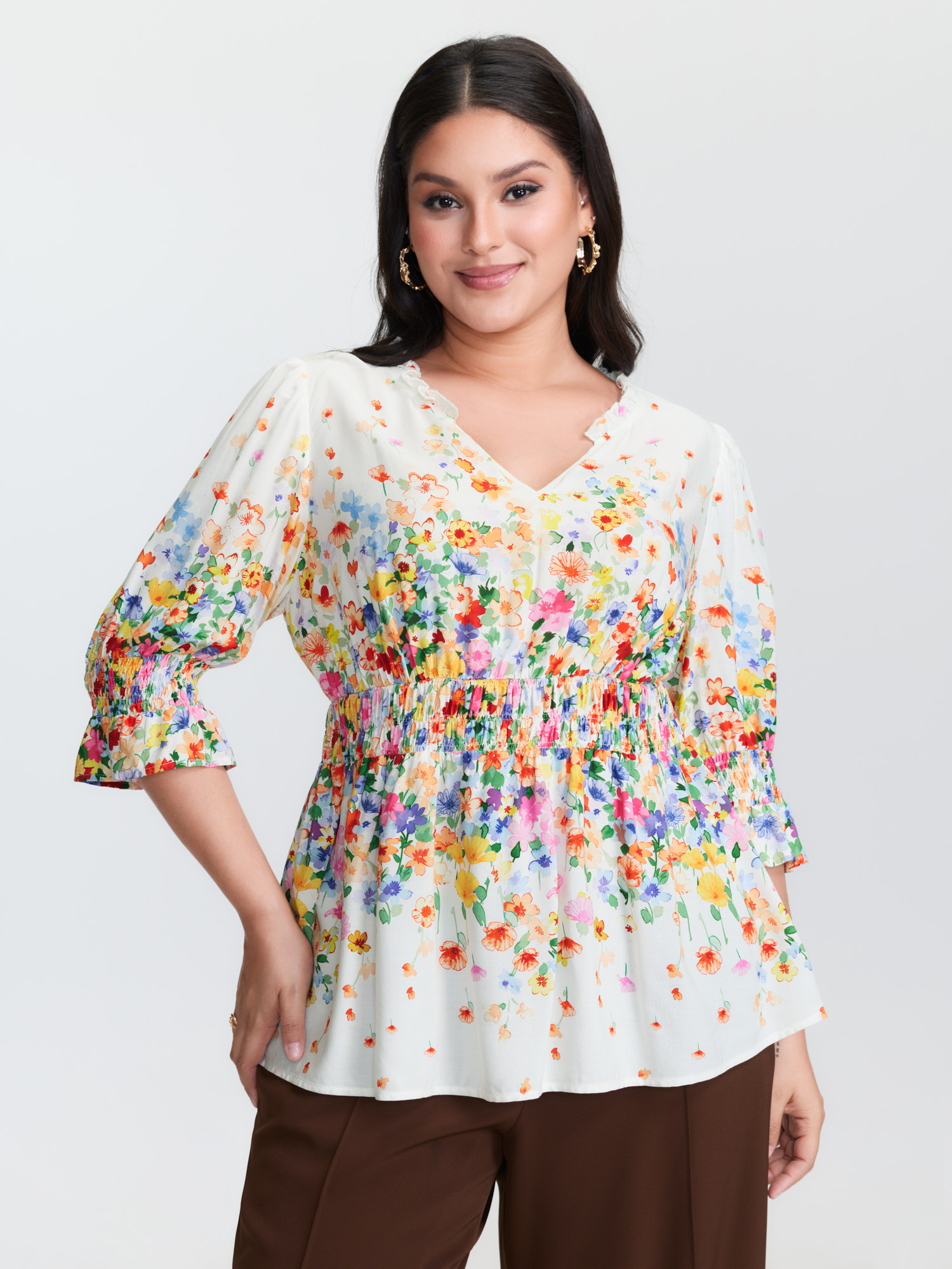 BloomChic Plus Size Colorful Floral Print Shirred Bodice Blouse - Women's Ivory Ditsy Floral 3/4 Sleeve Elegant Blouses 22-24/2X