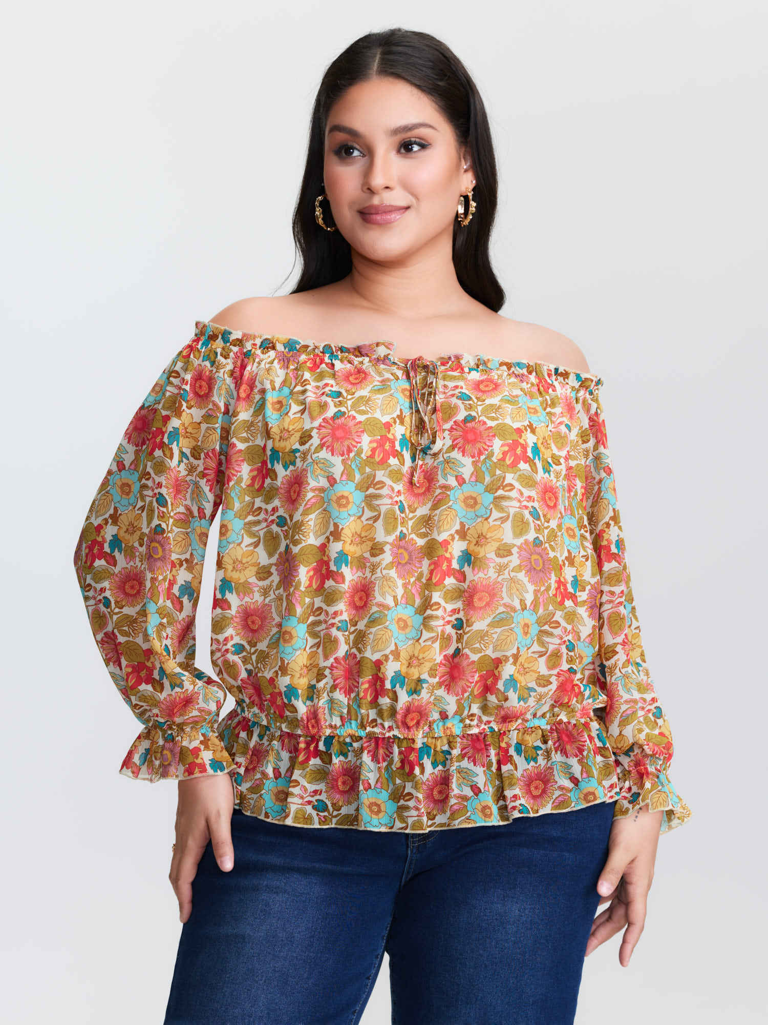 BloomChic Women's Plus Size Romantic Off-Shoulder Floral Print Blouse OrangeRed Ditsy Floral Everyday-Elegant Long Sleeve 12/L