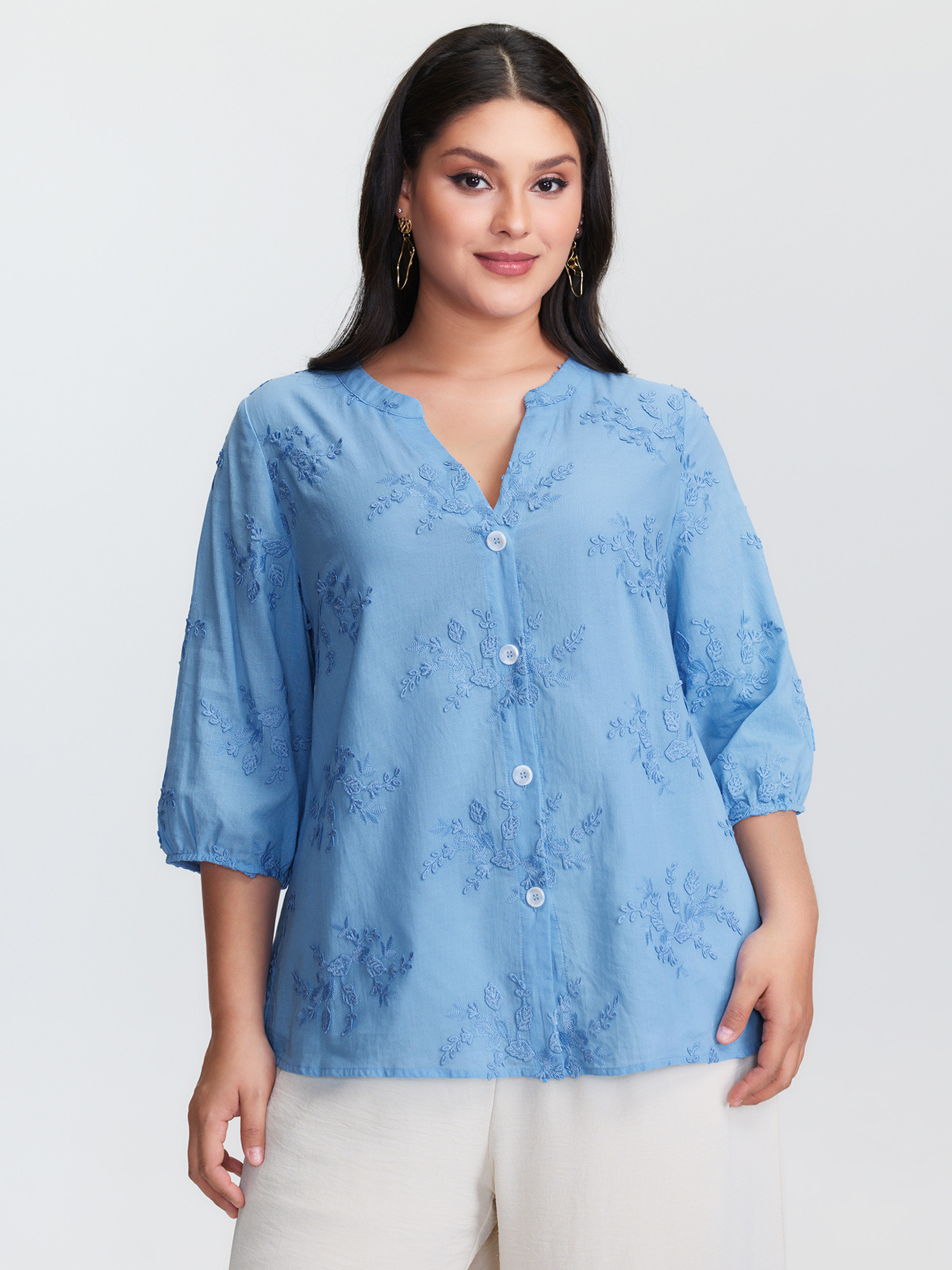 BloomChic Plus Size Cotton 3D Floral Embroidered Button-Down Knit Top - Women's LightBlue Tie-dye V-Neck Comfort Midsection Fit Cap Sleeve Americana Daily Knit Tops 14/M