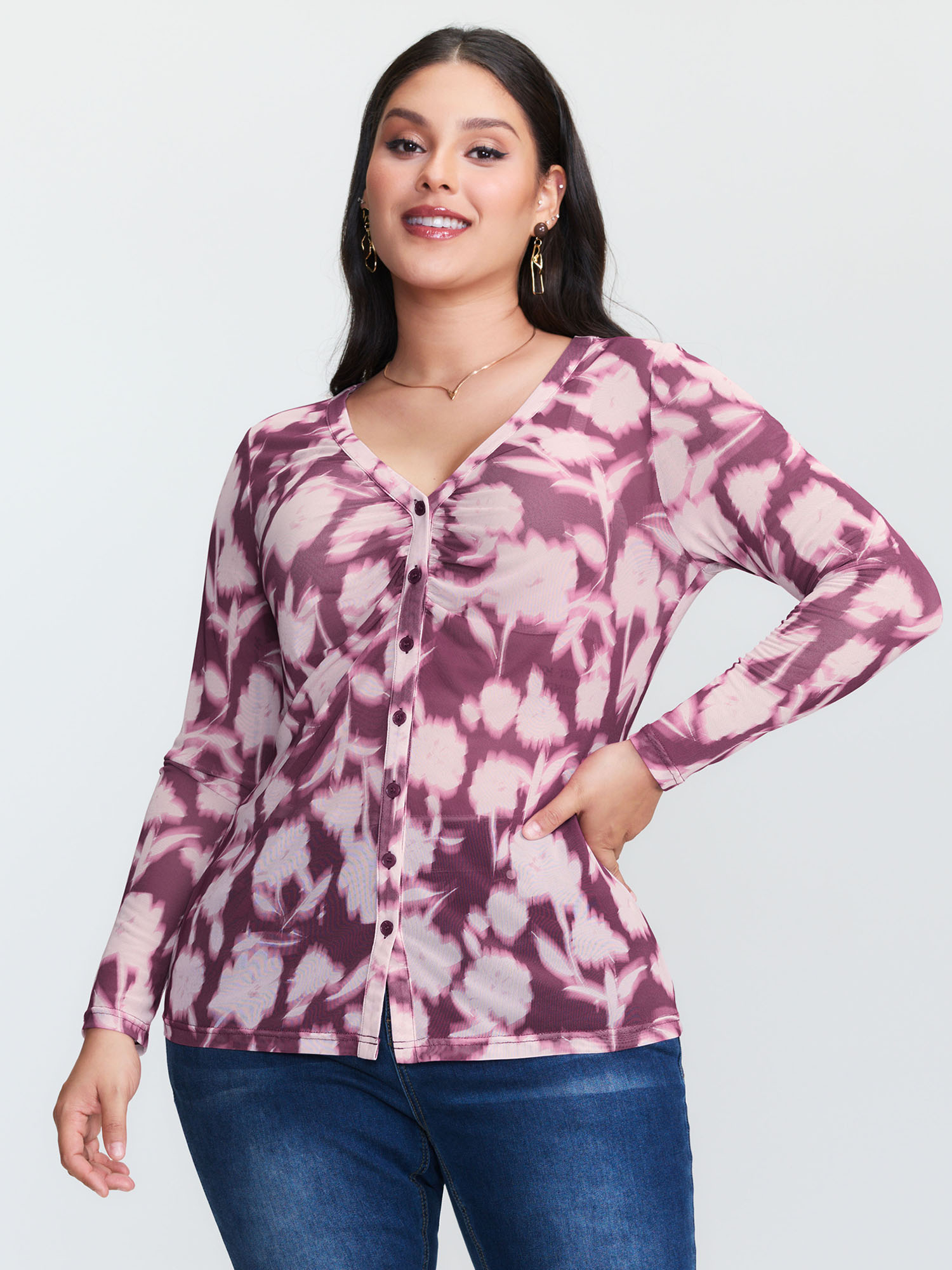 BloomChic Plus Size Floral Print Stretchy Shirred Bodice T-Shirt - Women's Plum Solid Round Neck Comfort Midsection Fit Long Sleeve Playful T-shirts 22-24/2X