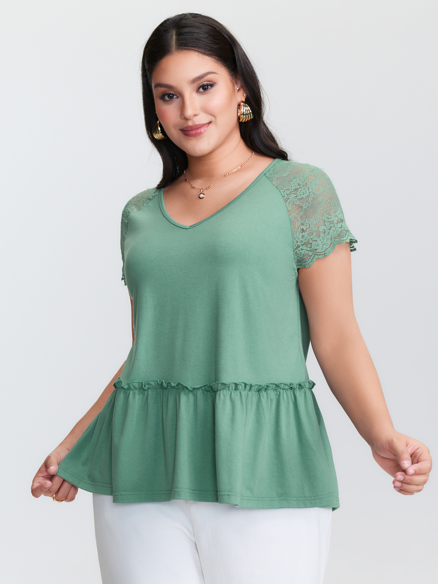 BloomChic Plus Size Sheer Lace Sleeve Ruffled Hem T-Shirt - Women's Greenbean Solid Round Neck Comfort Midsection Fit Long Sleeve Playful T-shirts 16/L