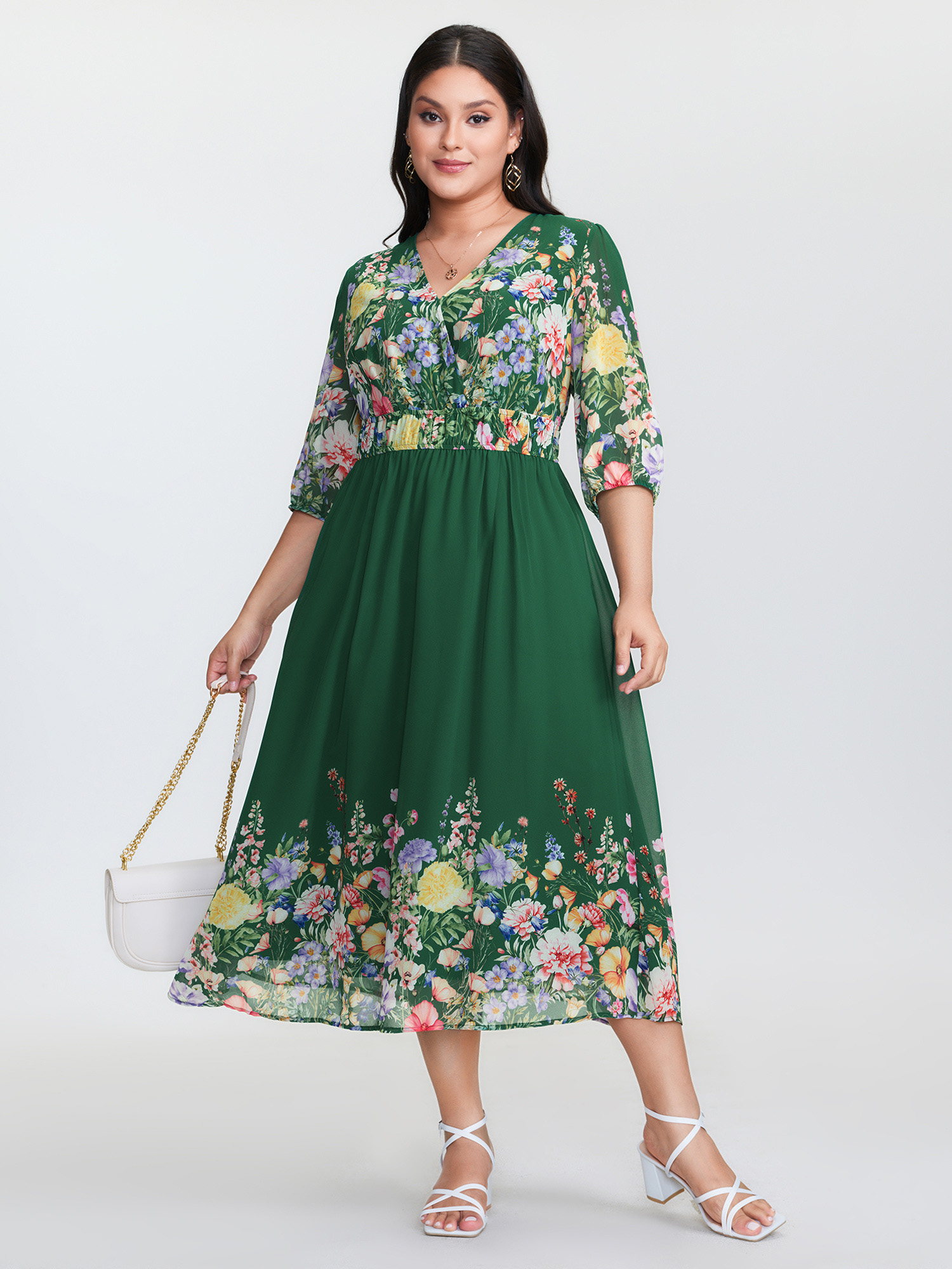BloomChic Women's Plus Size Floral Print Surplice Neckline Stretchy Waist Maxi Dress Teal Ditsy Floral Maxi Everyday-Elegant Overlapping 10/M