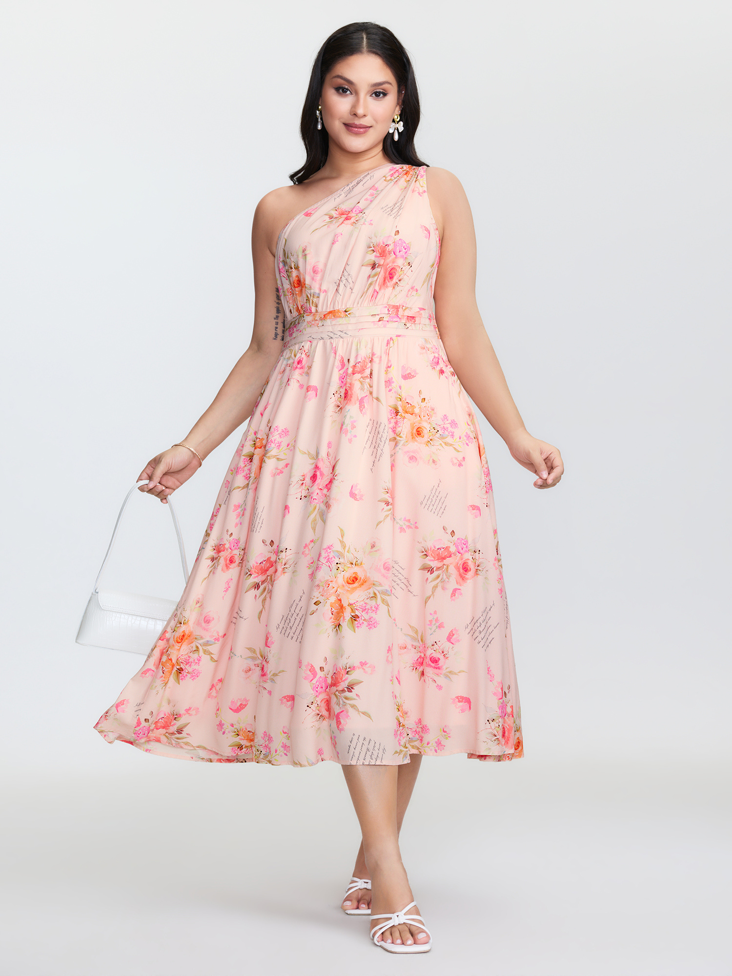 BloomChic Women's Plus Size Letter Flower Print Shirred One-Shoulder Midi Dress Nudepink Floral Midi Everyday-Elegant Tucked seam 10/M