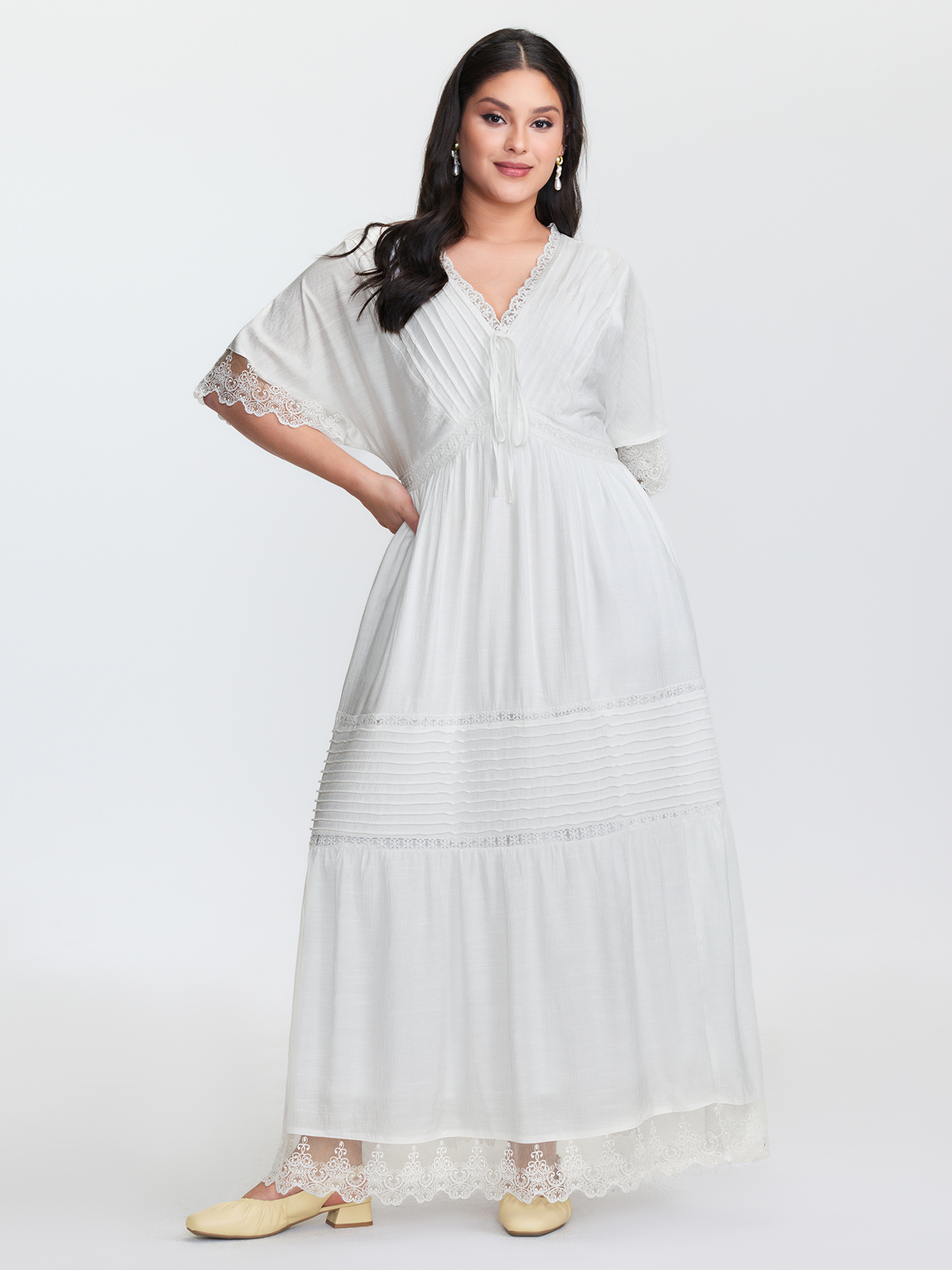 BloomChic Plus Size Pleated Neckline Romantic Lace Ruffled Maxi Dress - Curve Ladies Originalwhite Elegant 3/4 Sleeve Synthetic texture Side seam pocket Daily Dresses 26-28/3X