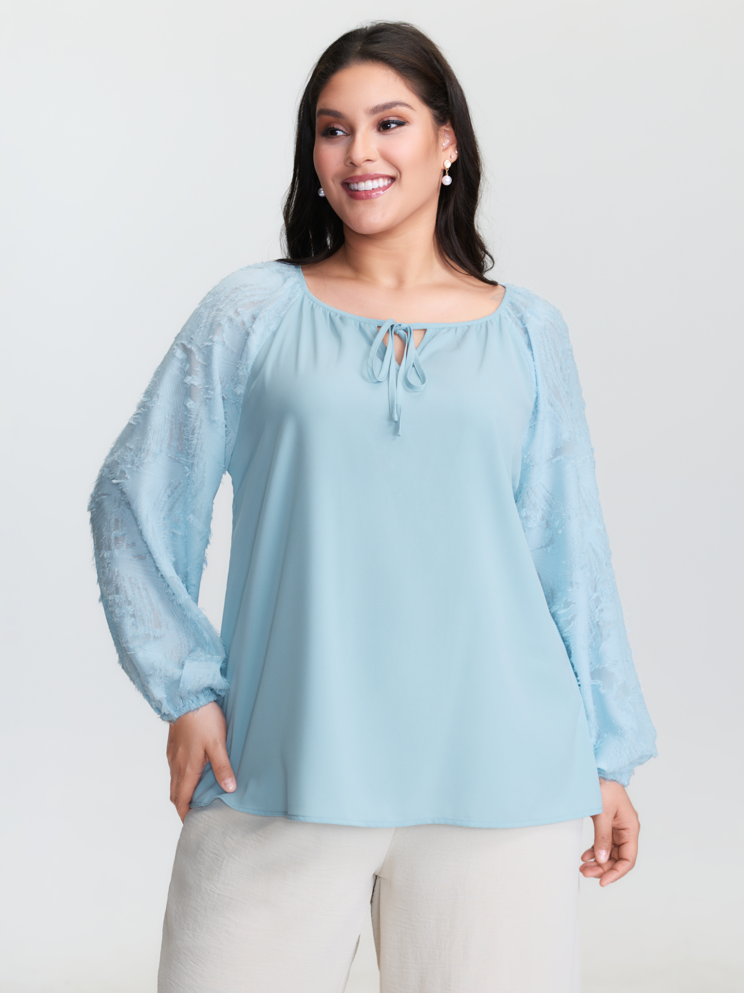 BloomChic Women's Plus Size Pleated Drawstring Neckline Plain Blouse LightBlue Non Everyday-Elegant Long Sleeve 12/L