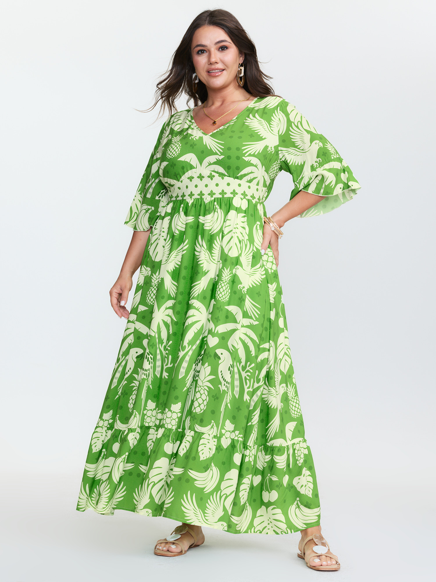BloomChic Women's Plus Size Breezy Tropical Print Waist Defining Maxi Dress Multicolor Tropical Maxi Vacation 10/M