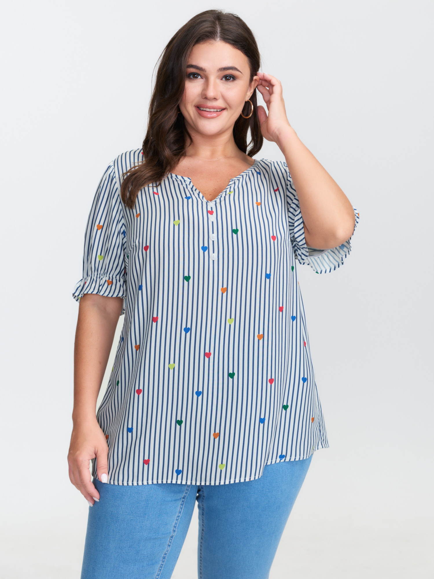 BloomChic Women's Plus Size Floral Print Notched Collar Blouse LightBlue Stripes Everyday-Casual Short sleeve 10/M