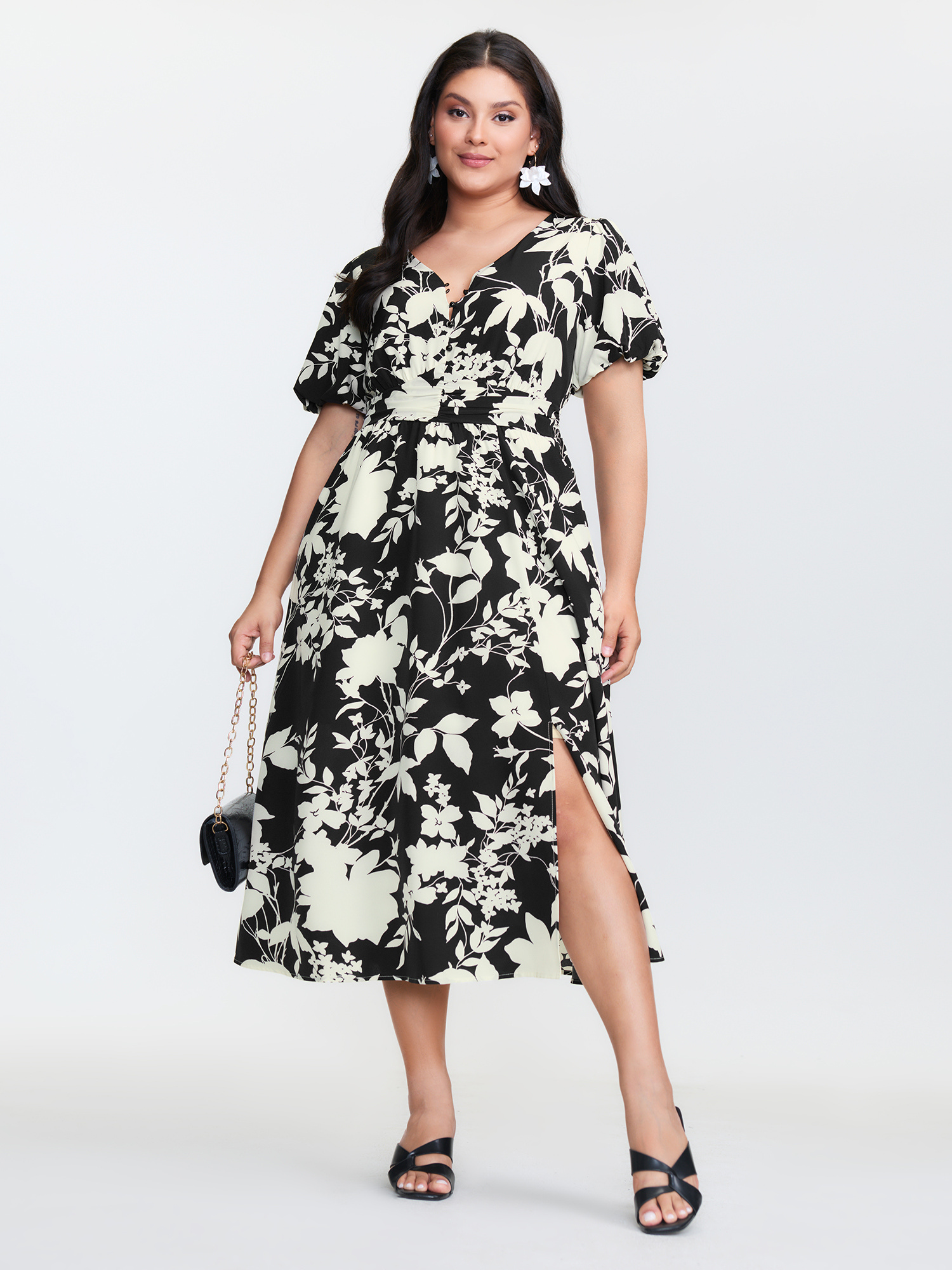 BloomChic Women's Plus Size Silhouette Flower Print Pockets Adjustable Midi Dress BlackFlower Ditsy Floral Midi Everyday-Elegant Gathered 22-24/3X
