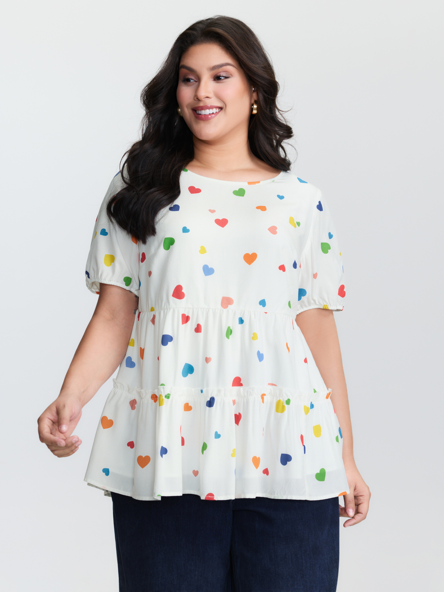 BloomChic Women's Plus Size Supersoft Colorful Hearts Tiered Round Neck Blouse Multicolor Heart Everyday-Casual Short sleeve 10/M