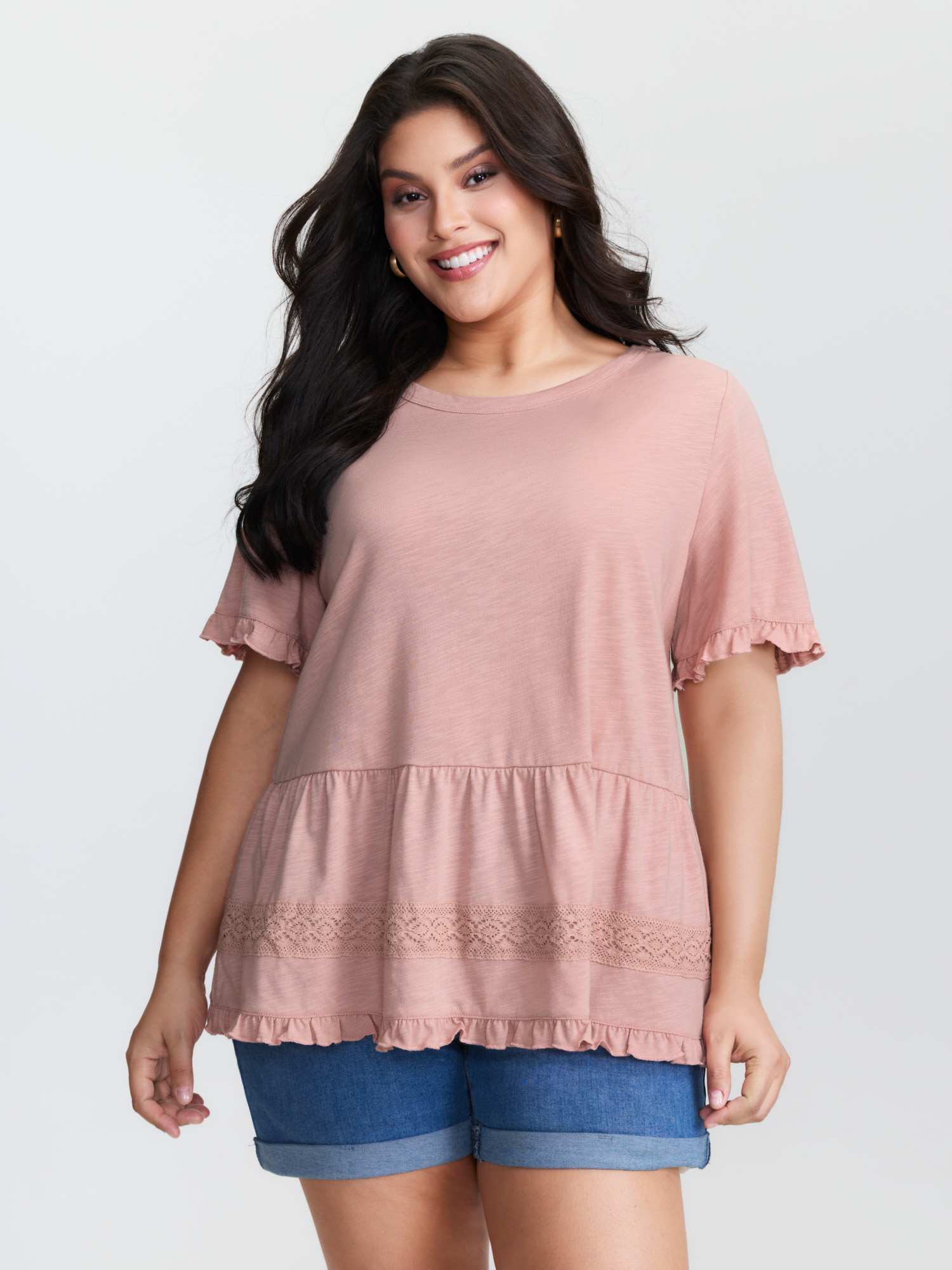 BloomChic Women's Plus Size Lace Trim Ruffled Hem Plain Knit Top Zephyr Short sleeve Everyday-Casual 10/M