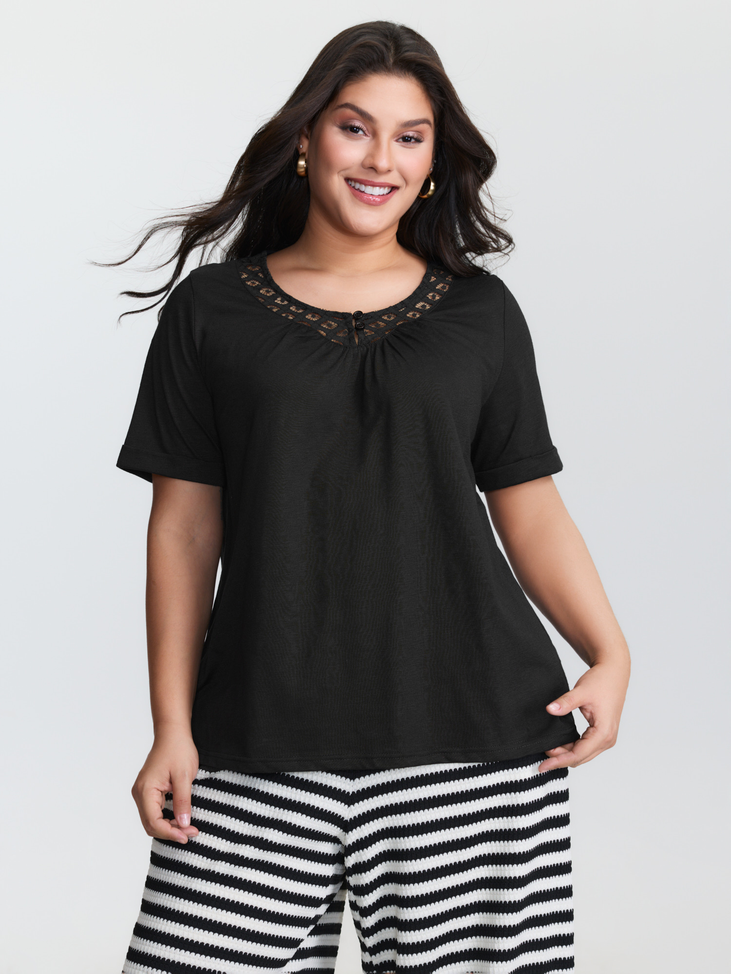 BloomChic Women's Plus Size Stretchy Round Neck Plain Knit Top Black Short sleeve Everyday-Casual 10/M