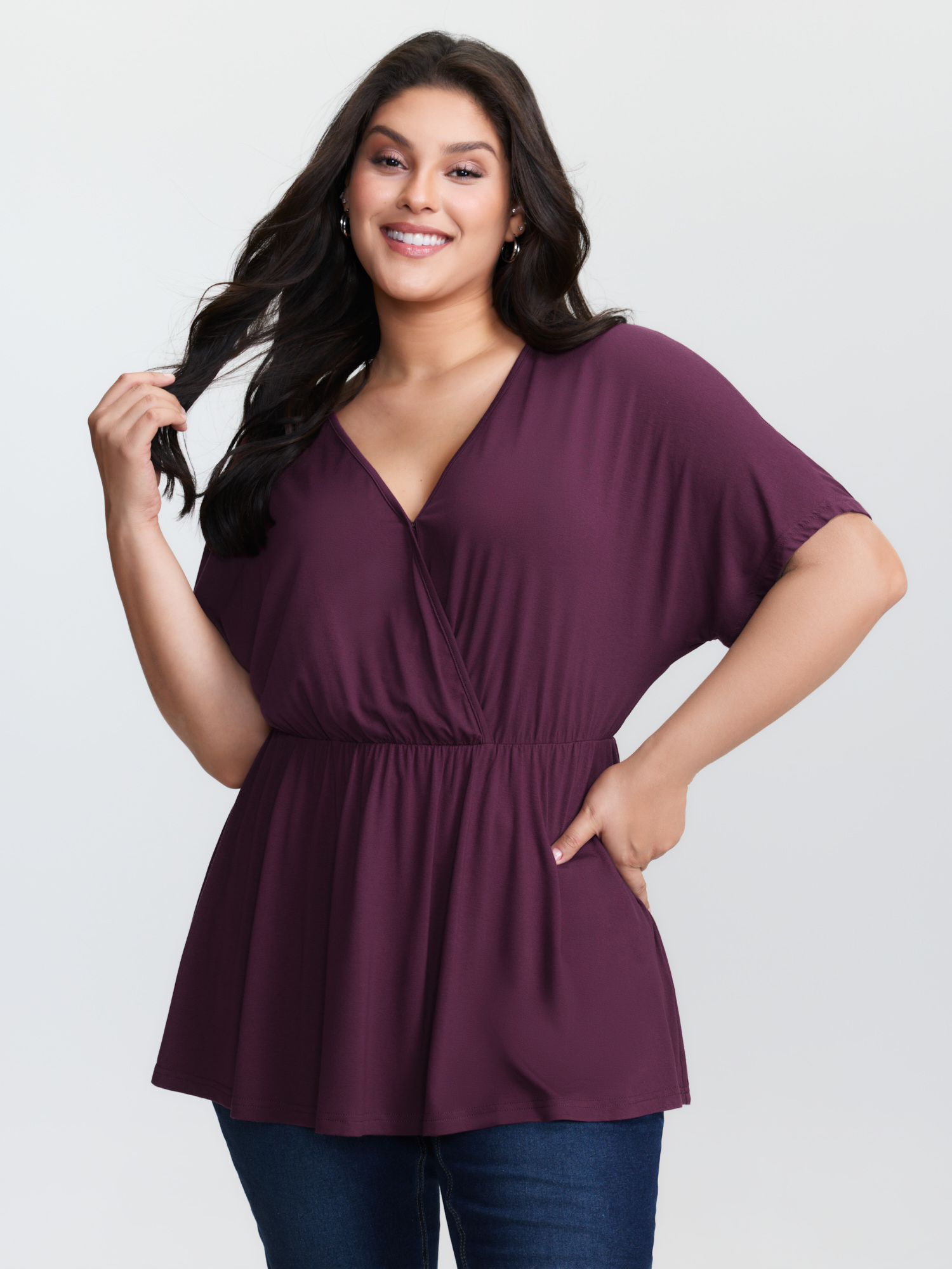 BloomChic Plus Size Supersoft Stretchy Surplice T-Shirt - Women's Winetasting Solid Round Neck Comfort Midsection Fit Long Sleeve Playful T-shirts 14/M