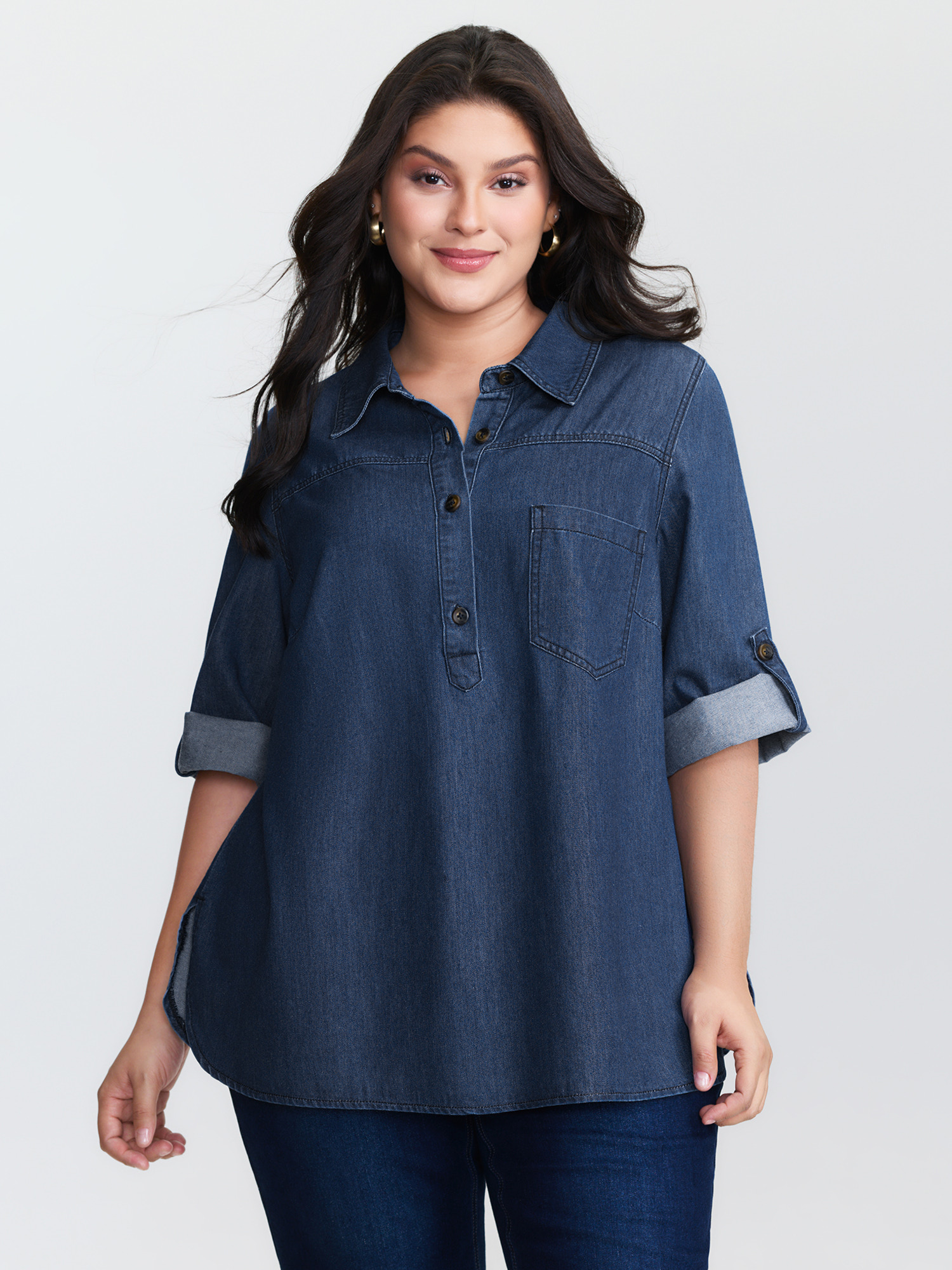 BloomChic Women's Plus Size Supersoft Button Down Pockets Denim Jacket Denimindigo 3/4 Sleeve Everyday-Casual 10/M
