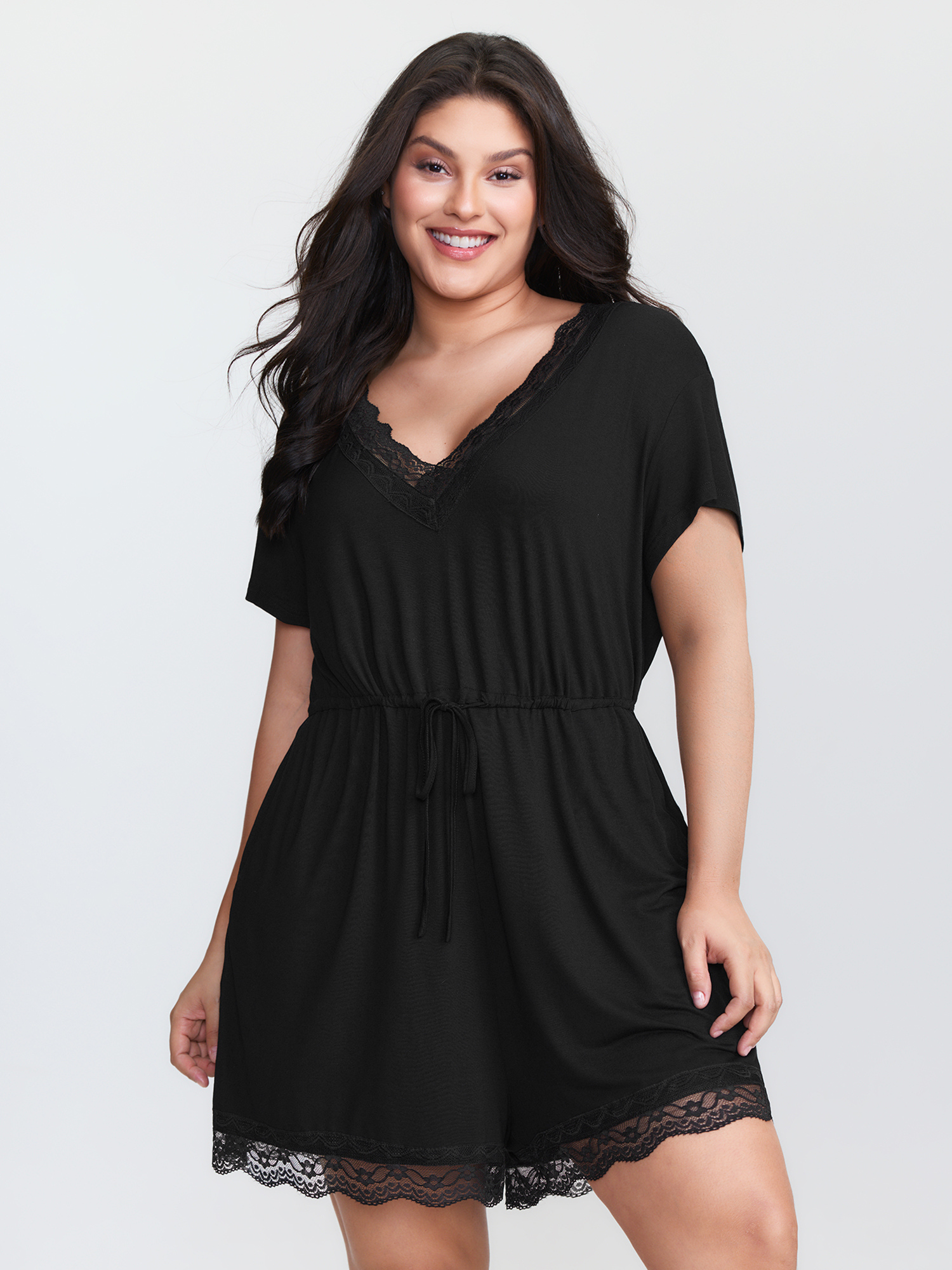 BloomChic Women's Plus Size Supersoft Lace Neckline Pajama Romper Pureblack Tunic 30/6X-image-48040423194794