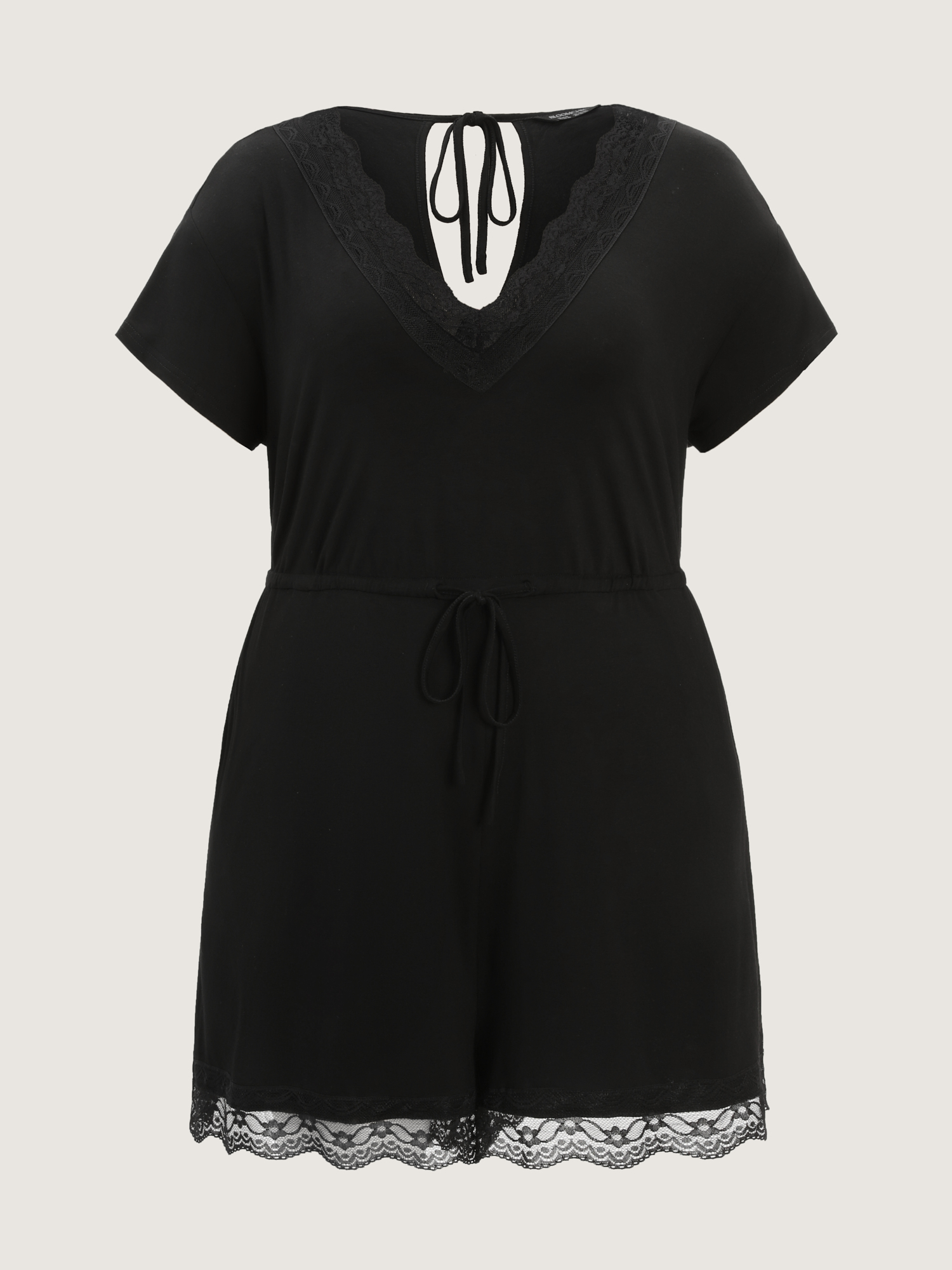 Side view of BloomChic Women's Plus Size Supersoft Lace Neckline Pajama Romper Pureblack Tunic 26/4X