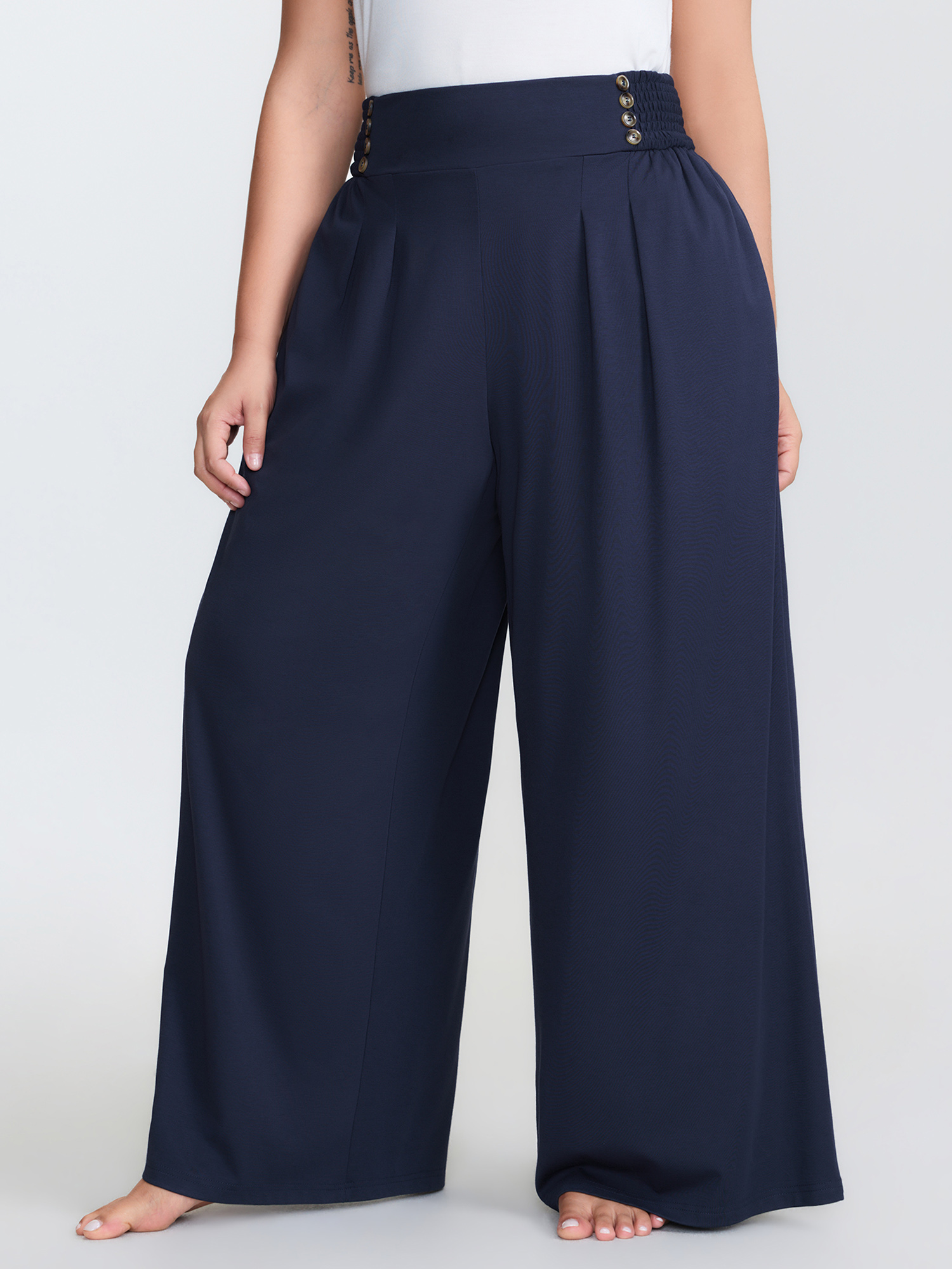 BloomChic Women's Plus Size Supersoft Shirred Wide Waistband Button Lounge Bottoms DarkBlue Knee 14-16/1X-image-48031674564778