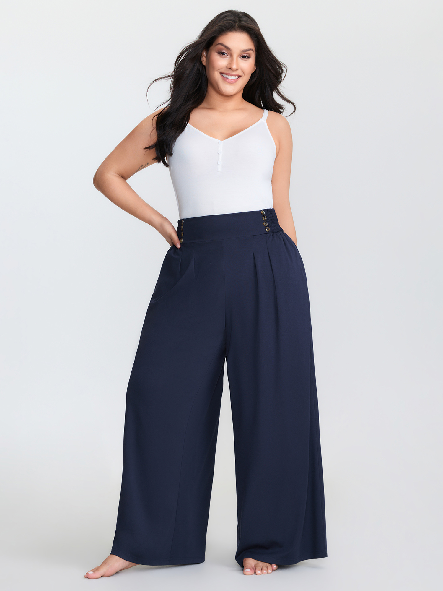 Side view of BloomChic Women's Plus Size Supersoft Shirred Wide Waistband Button Lounge Bottoms DarkBlue Knee 30/6X