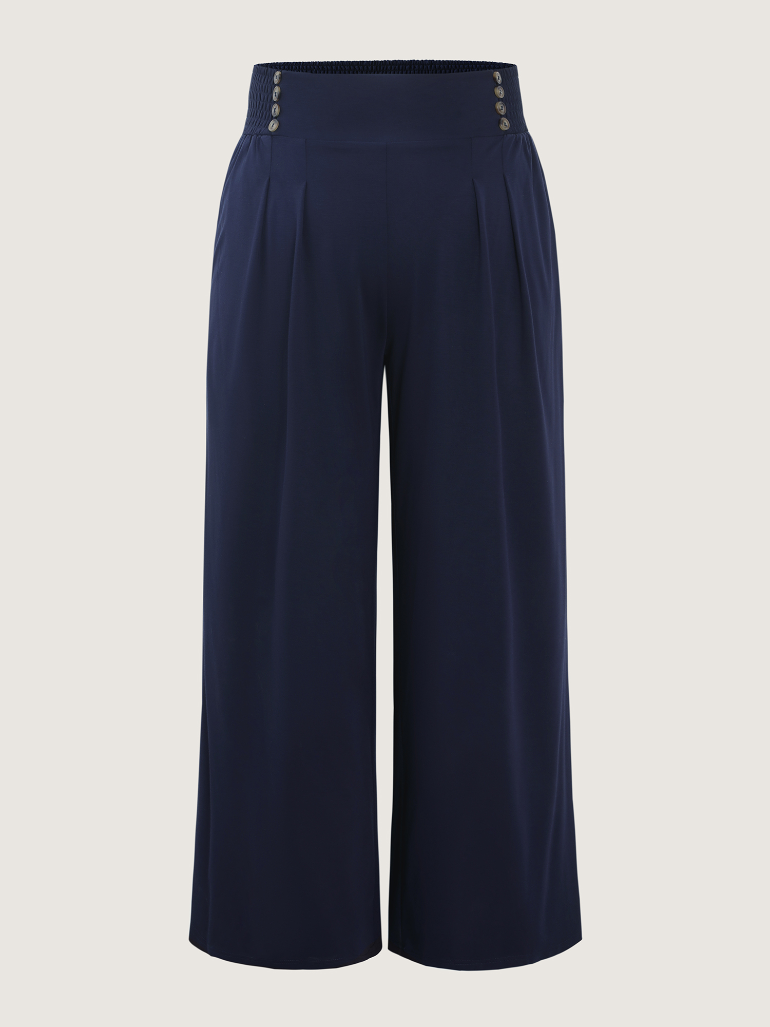 Side view of BloomChic Women's Plus Size Supersoft Shirred Wide Waistband Button Lounge Bottoms DarkBlue Knee 30/6X
