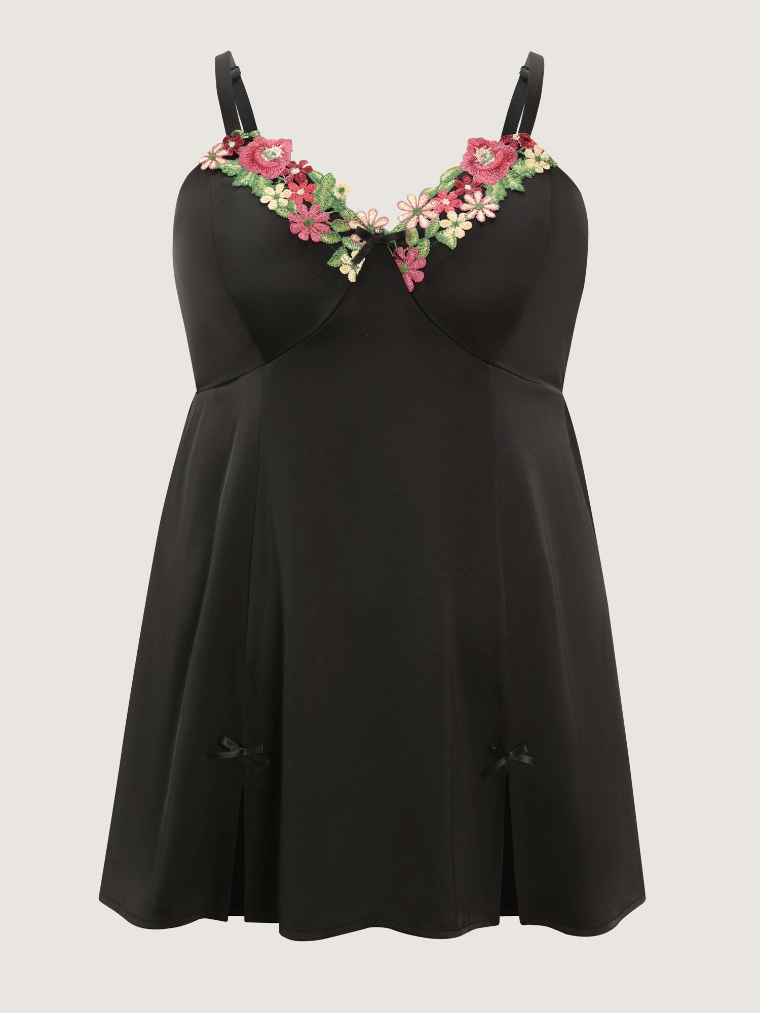 Side view of BloomChic Women's Plus Size Floral Embroidered Satin Bustier Nightgown Black Sleeveless Tunic 14-16/1X