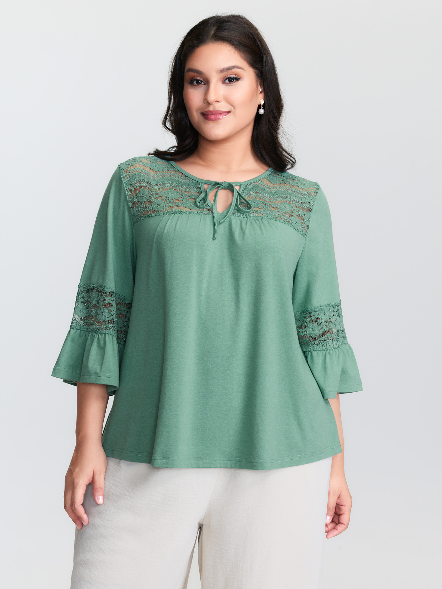 BloomChic Women's Plus Size Lace Trim Flared Sleeve Plain Top Greenbean Half Sleeve Everyday-Elegant 14-16/1X