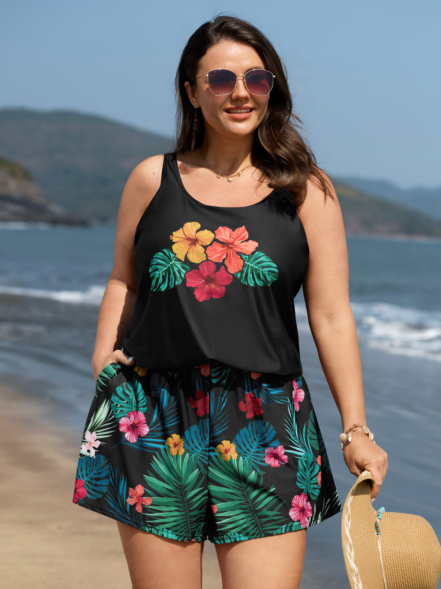 BloomChic Women's Plus Size Multi-Color Tropical Pockets One-Piece Swimsuit Black Floral Bust Support 10/M