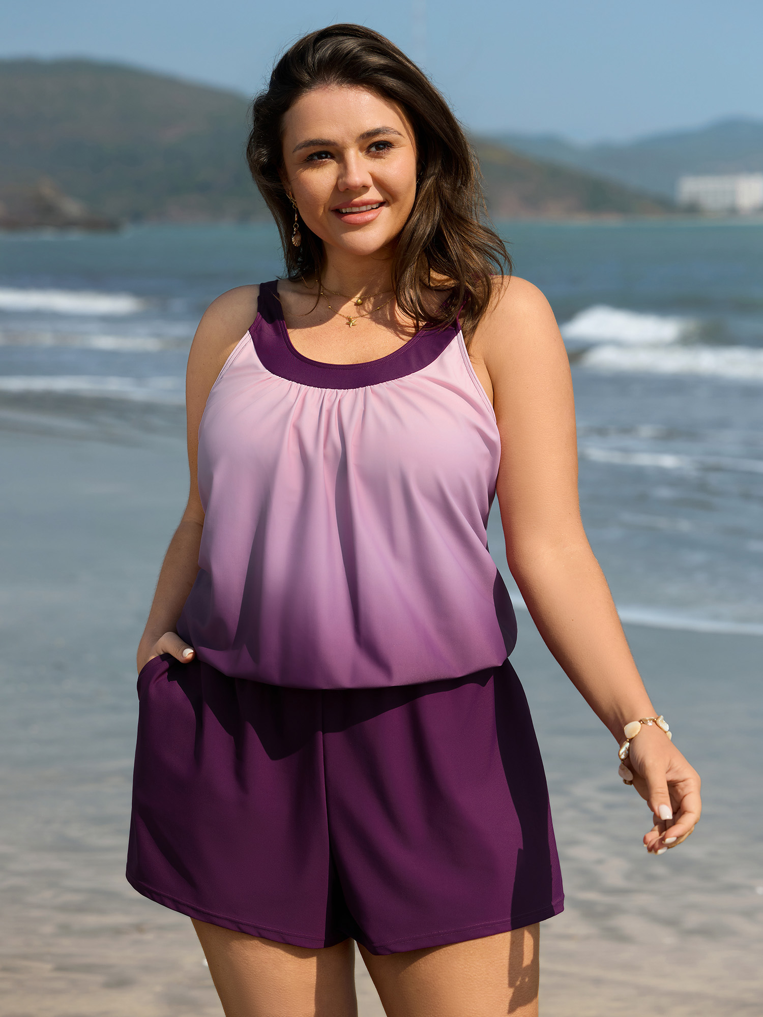 BloomChic Women's Plus Size Color Gradient Adjustable Pockets One-Piece Swimsuit Deeppurplered Ombre Colorblock Bust Support 10/M