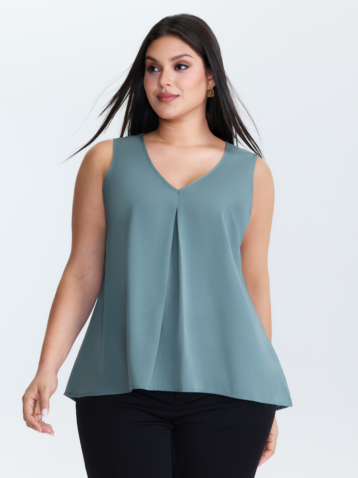 BloomChic Women's Plus Size Pleated V-Neck Flowy Plain Blouse Stone Office A-line 12/L