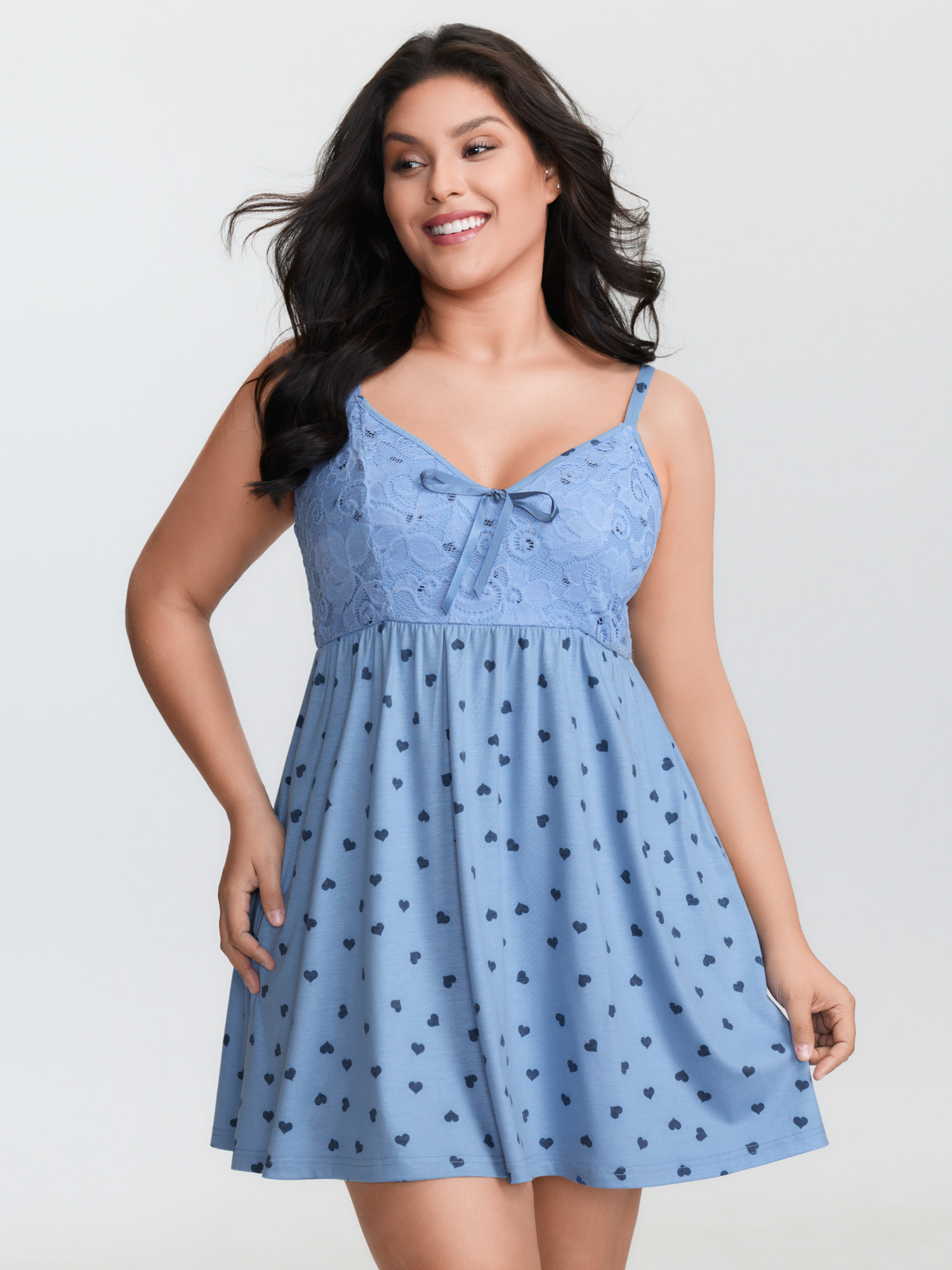 BloomChic Women's Plus Size Romantic Heart Print Lace Sleep Dress LightBlue Sleeveless Tunic V-Neck 26/4X-image-48193797914794