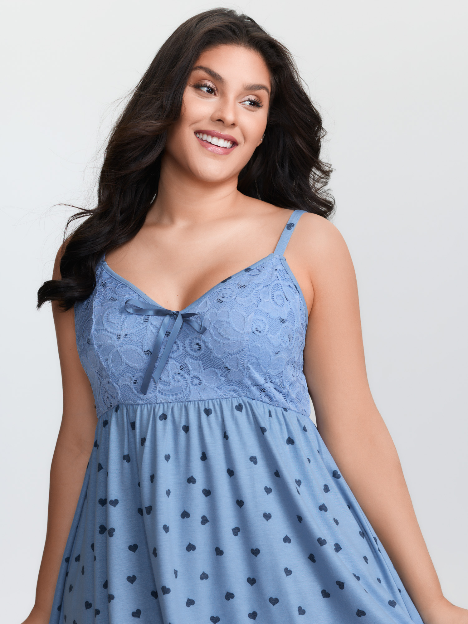 Side view of BloomChic Women's Plus Size Romantic Heart Print Lace Sleep Dress LightBlue Sleeveless Tunic V-Neck 10/M